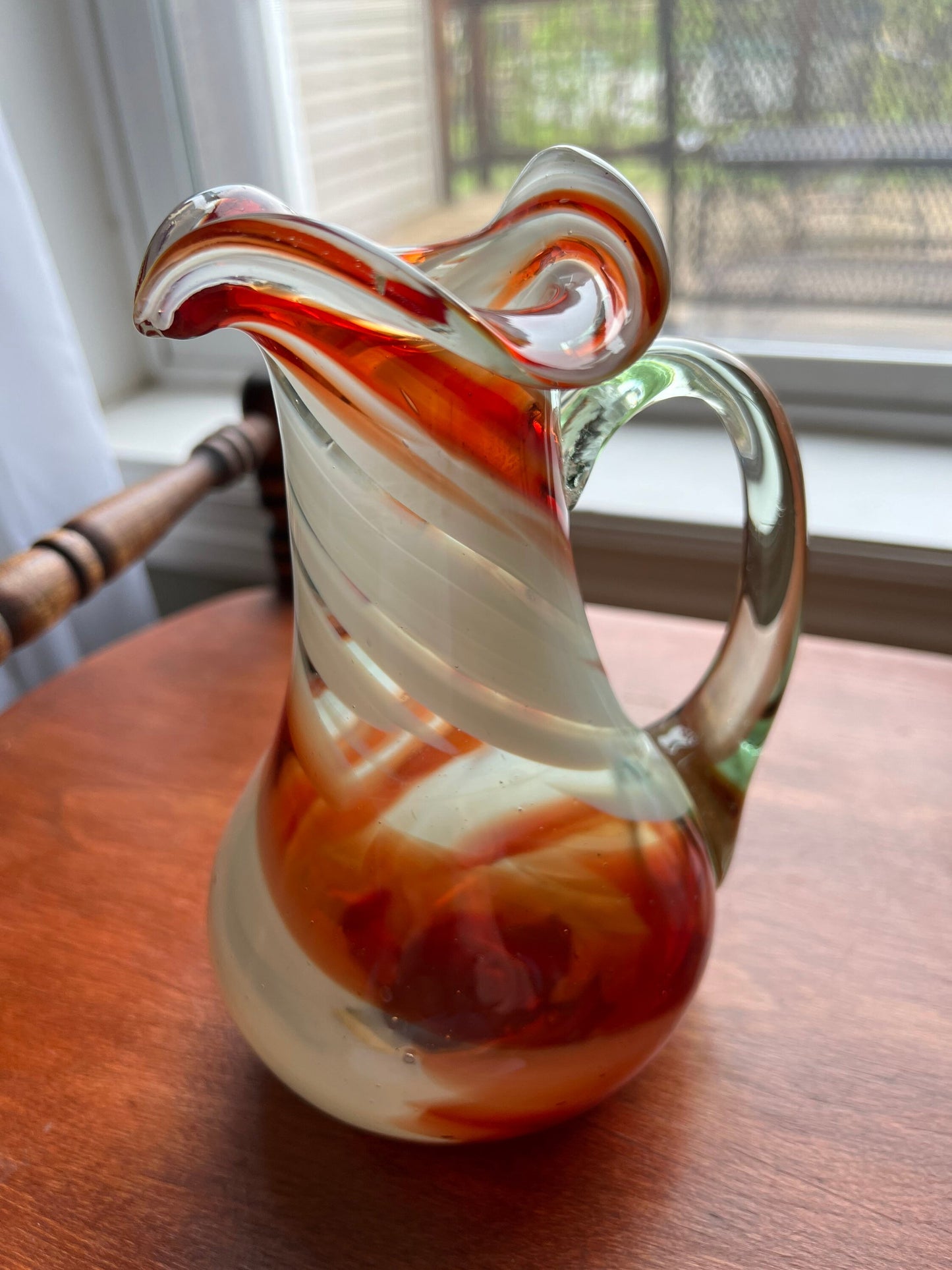 Vintage Amber Swirl Art Glass Pitcher with Artistic Handle Lover Antiques and Vintage