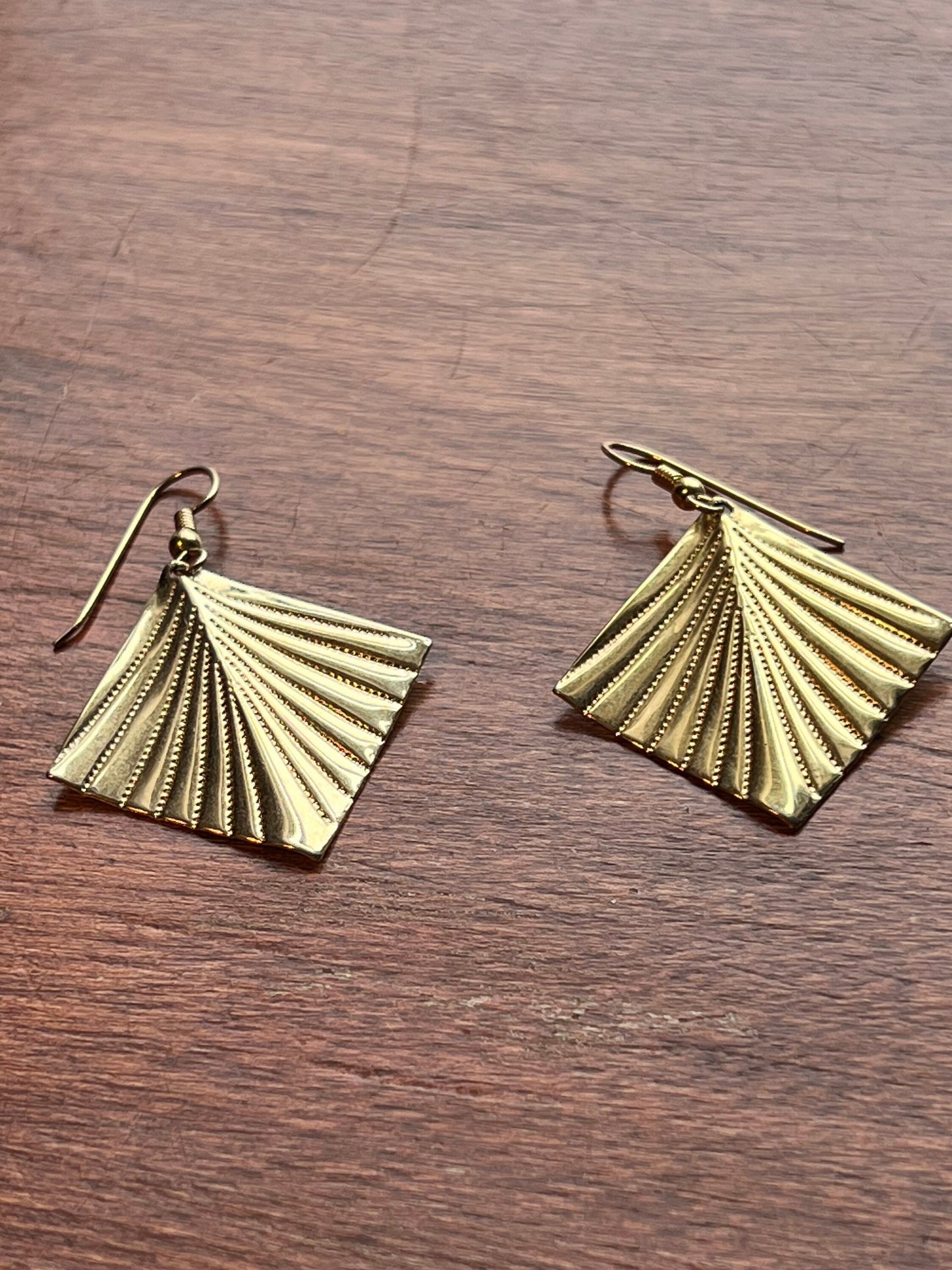 Vintage Fan Art Deco Fan Dangle Gold Pierced Earrings Elegant Native Tribal Inspired Jewelry Lover Antiques and Vintage