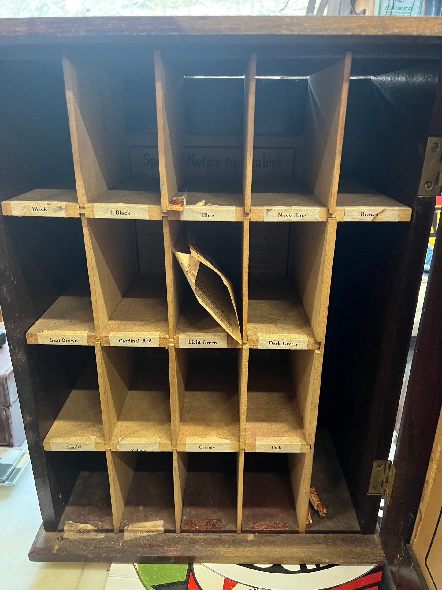 Antique Dy-O-La Wood Cabinet Small Compartment Shelves Rustic General Store Fabric Dye Dyola Dyes Display Tabletop bookcase