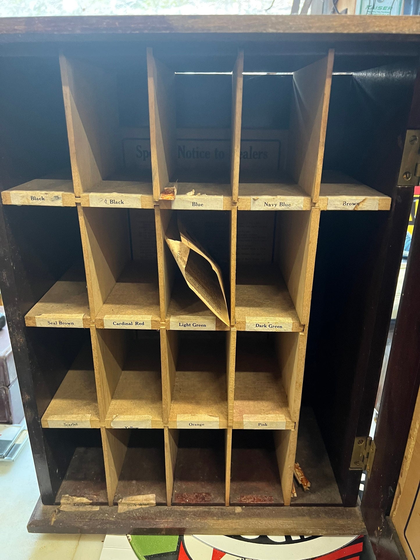 Antique Dy-O-La Wood Cabinet Small Compartment Shelves Rustic General Store Fabric Dye Dyola Dyes Display Tabletop bookcase