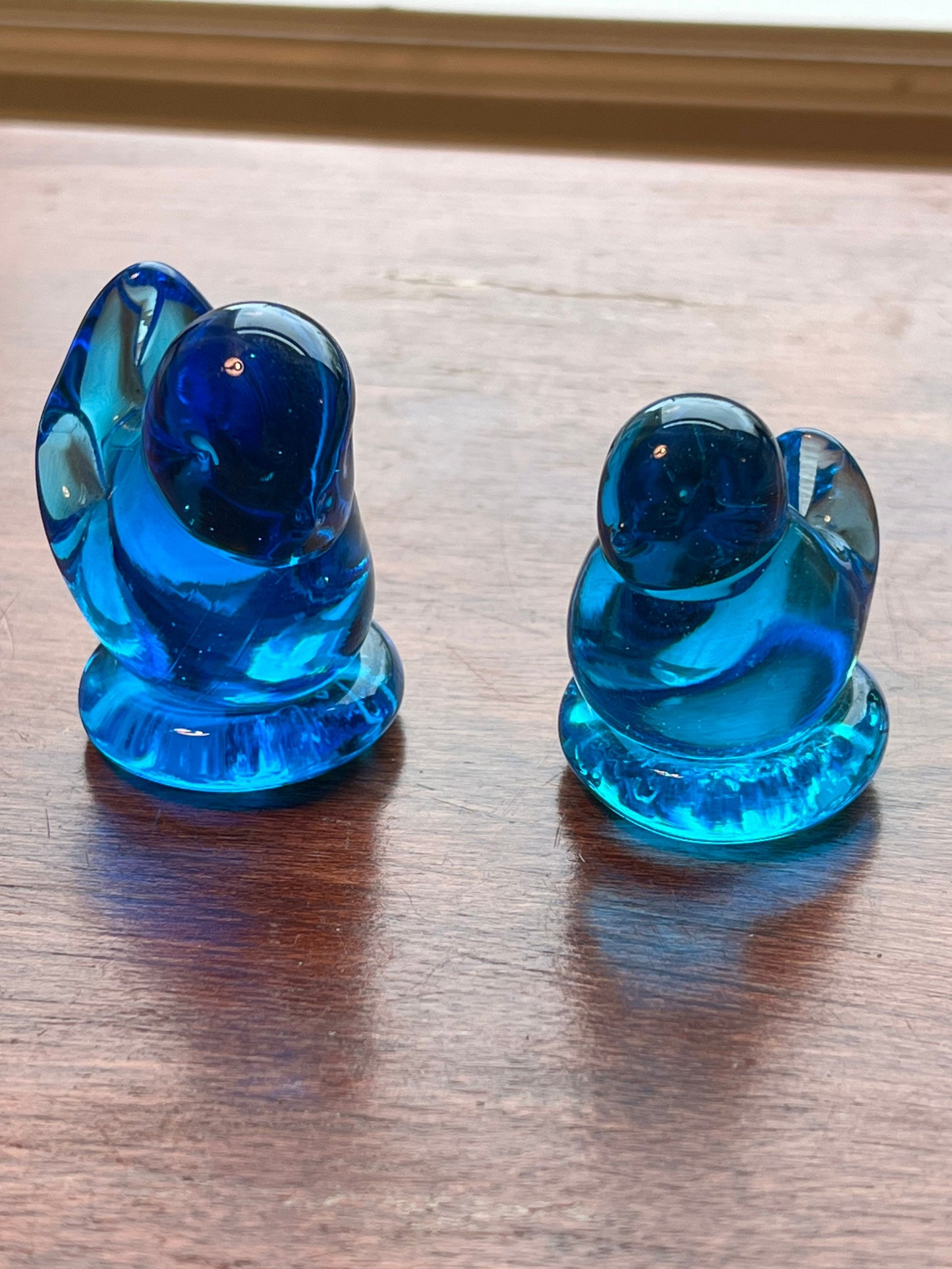 2 Vintage Leo Ward Signed Bluebird of Happiness Art Glass Artwork Bluebirds blue