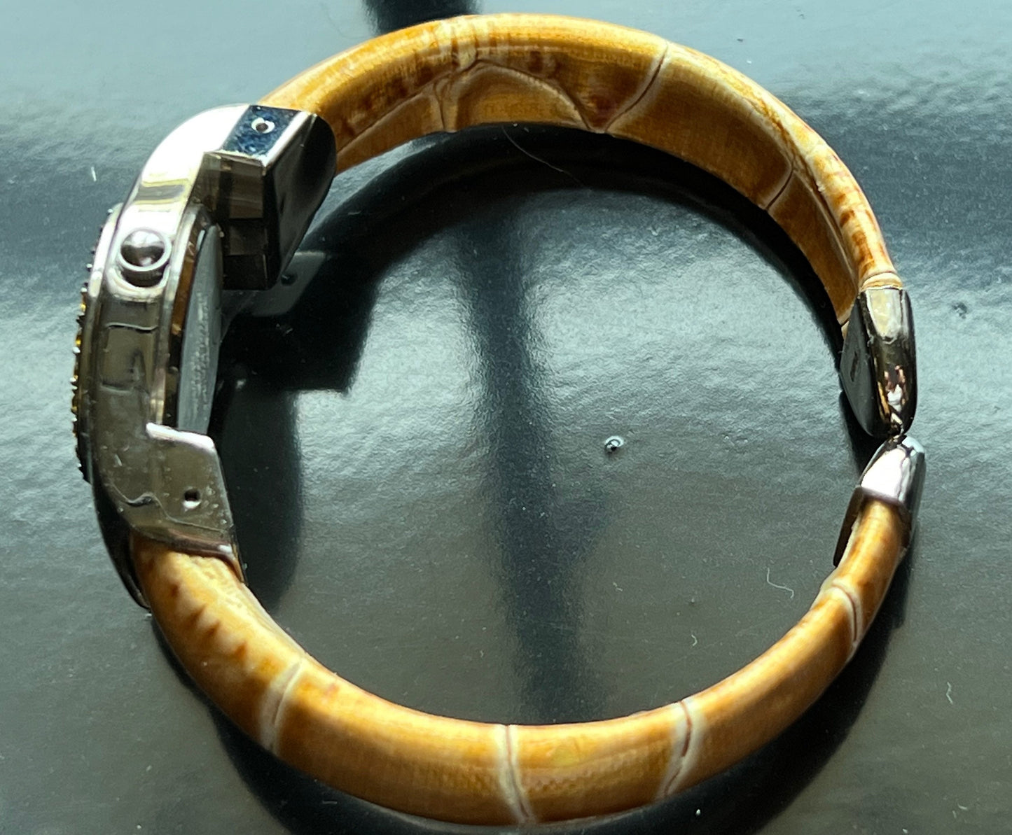 Vintage Women’s Silver & Amber Orange Gemmed Bangle Watch Mid Century Modern Lover Antiques and Vintage