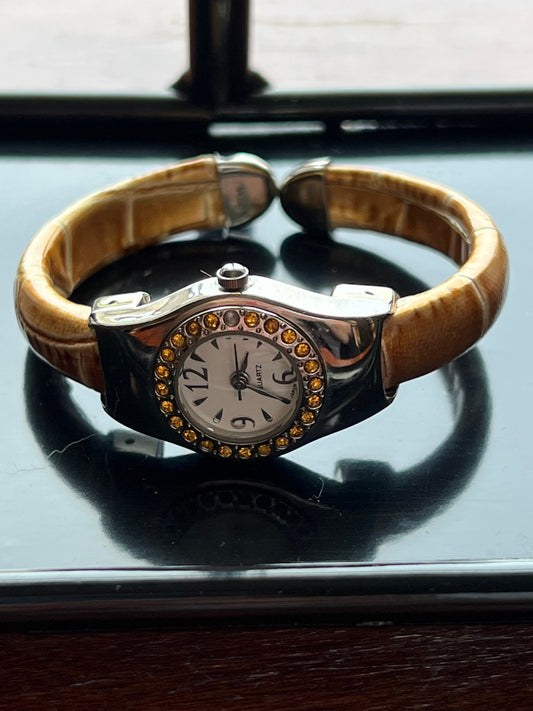 Vintage Women’s Silver & Amber Orange Gemmed Bangle Watch Mid Century Modern Lover Antiques and Vintage