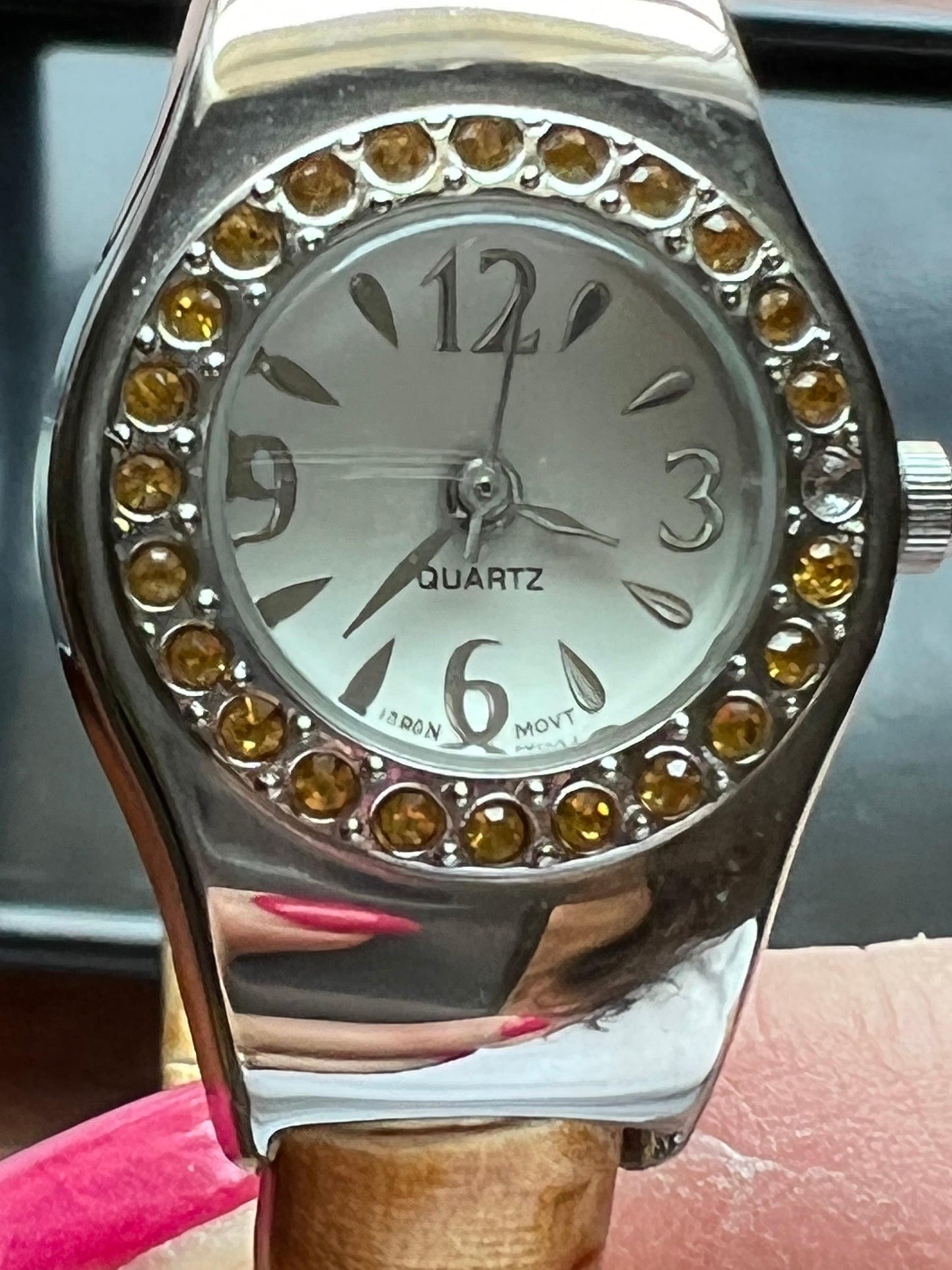 Vintage Women’s Silver & Amber Orange Gemmed Bangle Watch Mid Century Modern Lover Antiques and Vintage