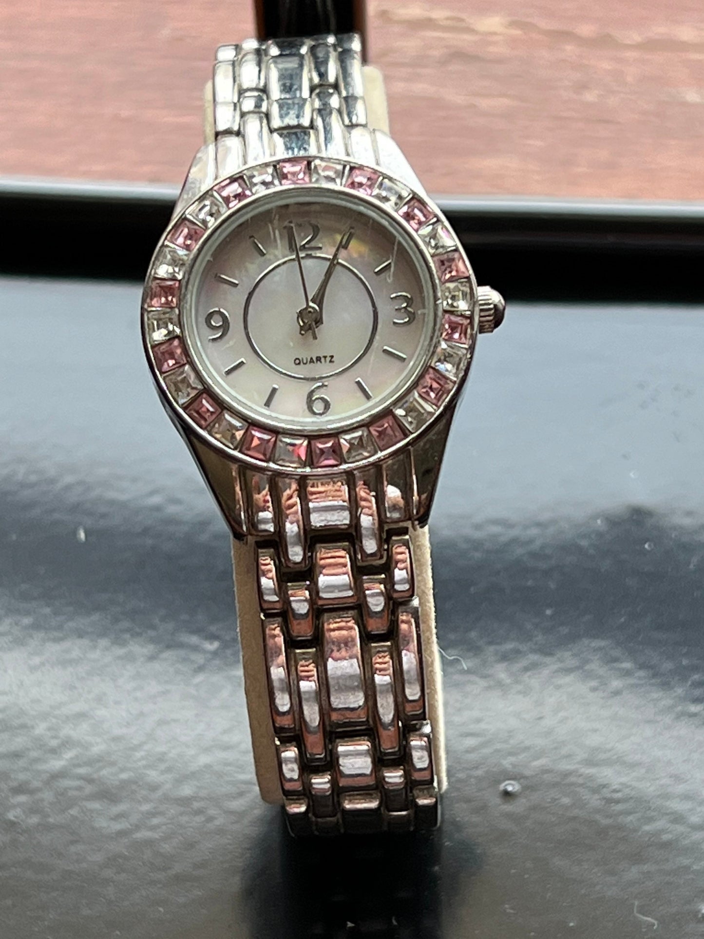 Vintage Pink Clear Rhinestone Quartz Bezel Watch Girl Gift Pretty Things Lover Antiques and Vintage