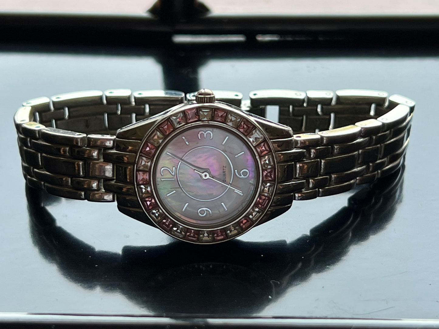 Vintage Pink Clear Rhinestone Quartz Bezel Watch Girl Gift Pretty Things Lover Antiques and Vintage