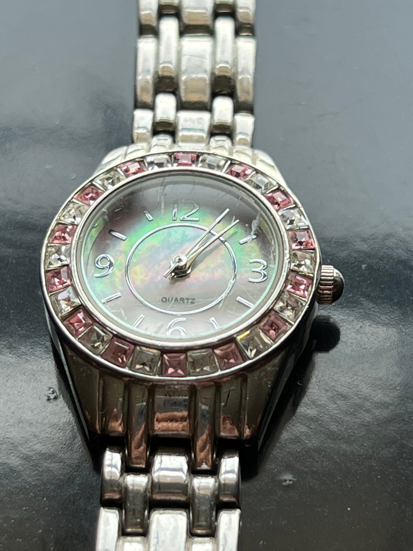 Vintage Pink Clear Rhinestone Quartz Bezel Watch Girl Gift Pretty Things Lover Antiques and Vintage