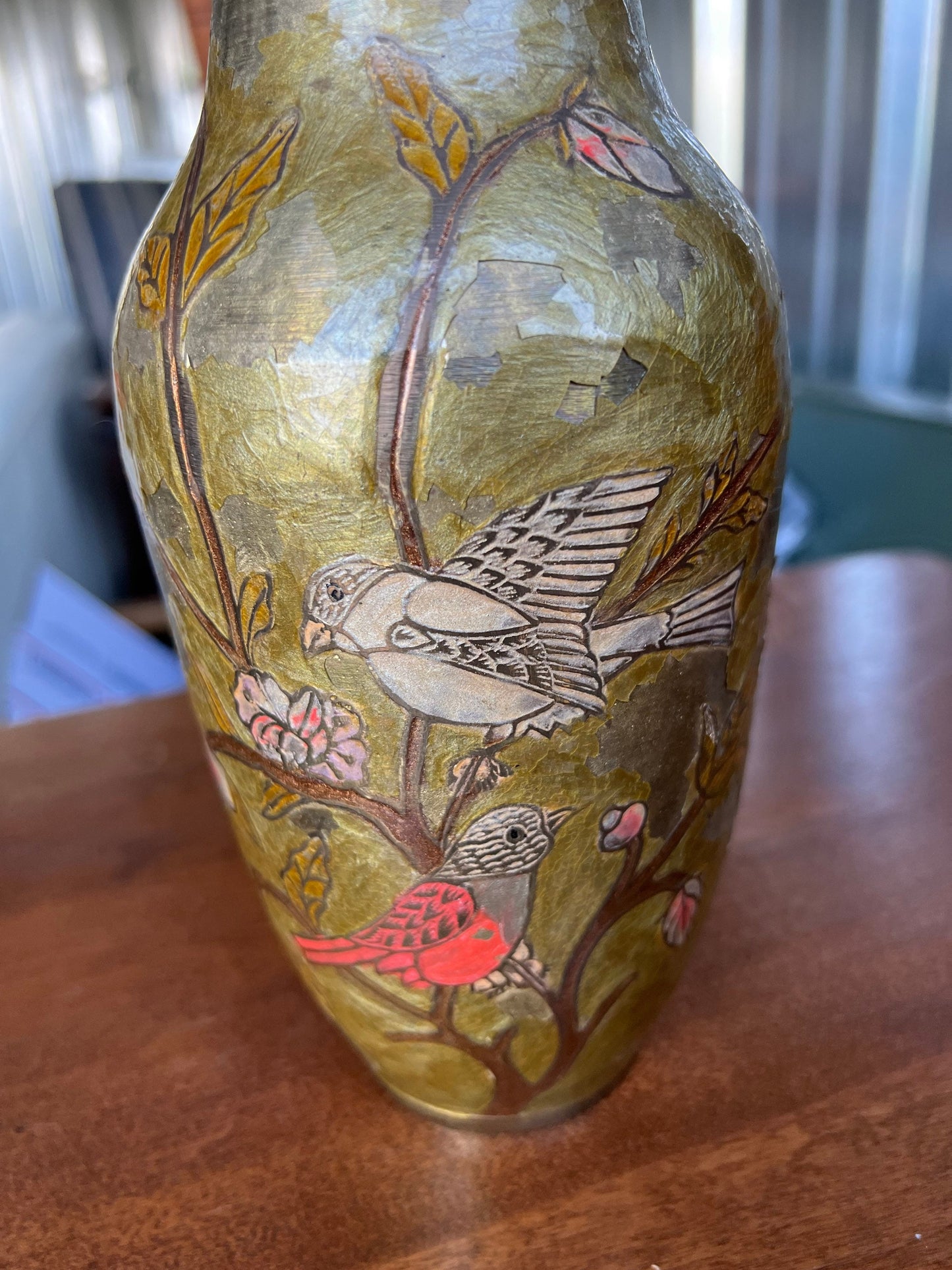 Antique chinese bronze vase hand painted and engraved with colorful birds on blooming tree