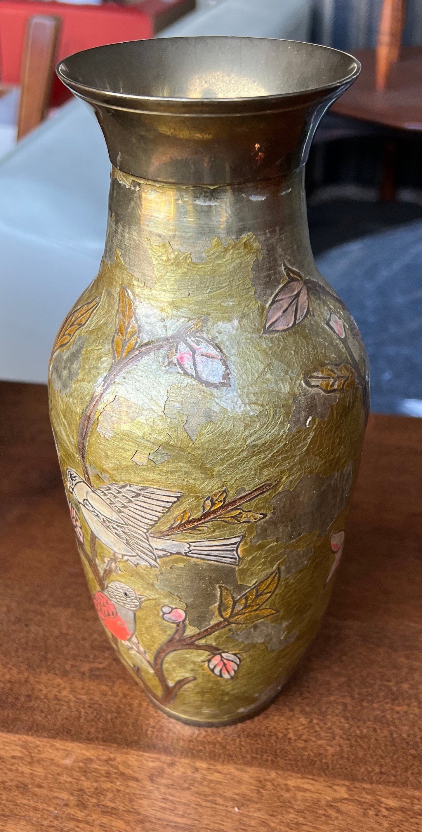 Antique chinese bronze vase hand painted and engraved with colorful birds on blooming tree
