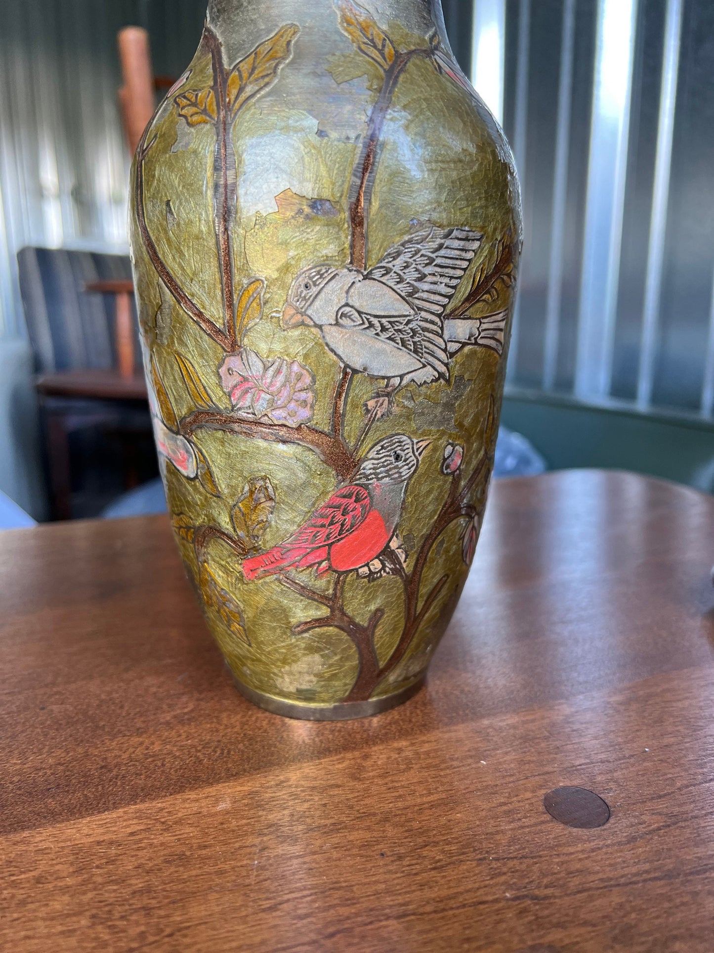 Antique chinese bronze vase hand painted and engraved with colorful birds on blooming tree