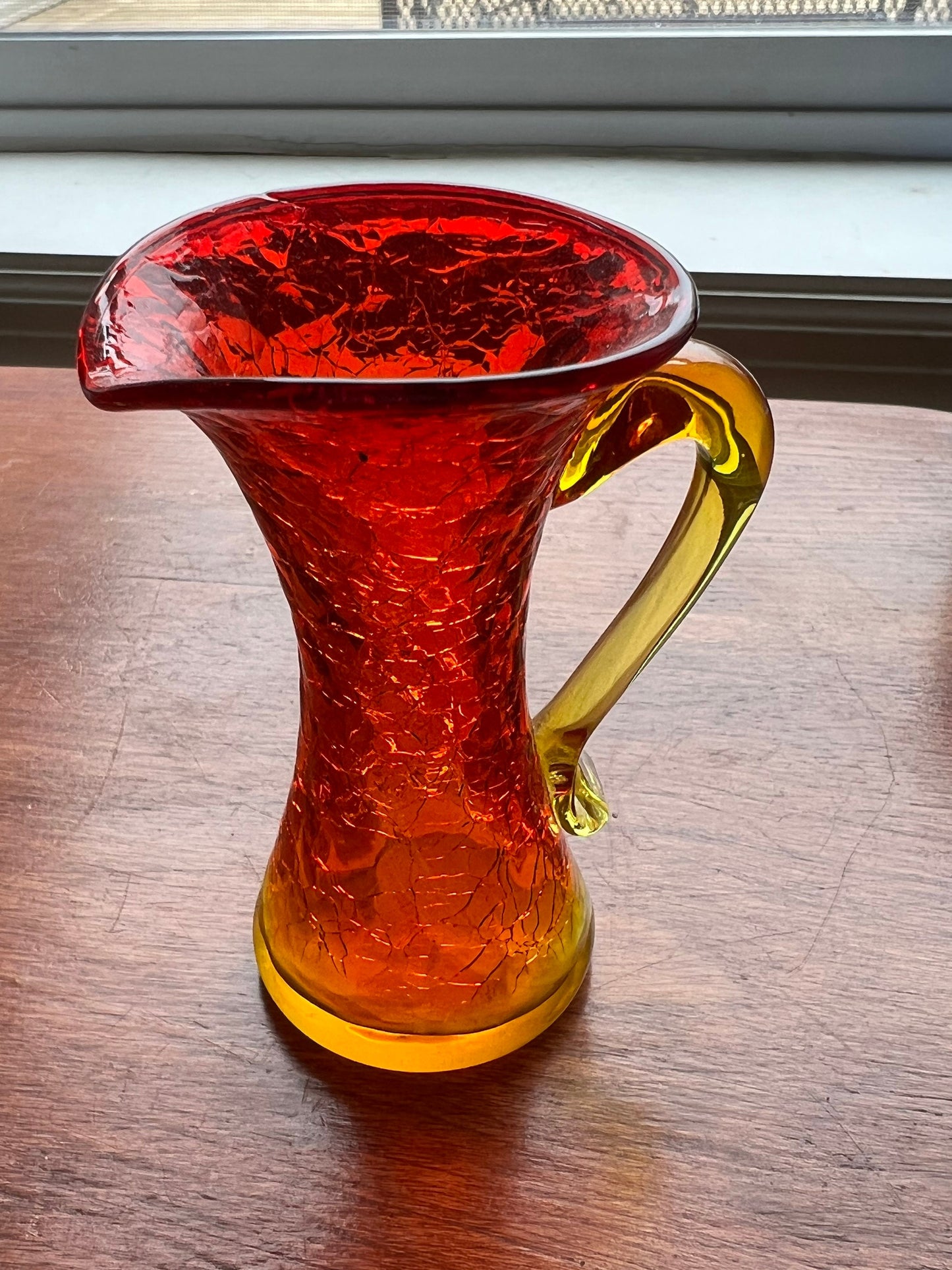 Vintage Amber Crackle Art Glass Orange mini pitcher with handle