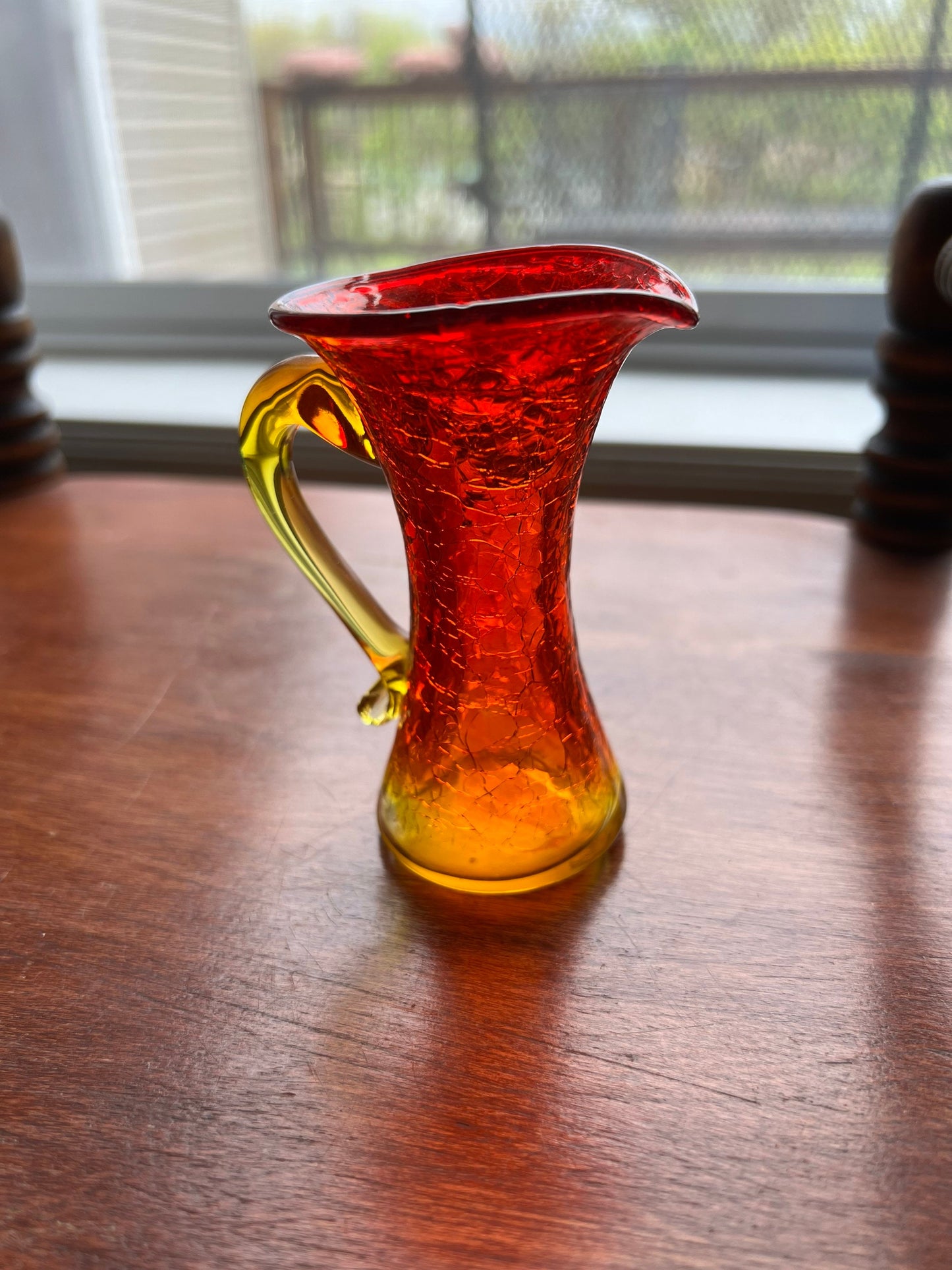 Vintage Amber Crackle Art Glass Orange mini pitcher with handle
