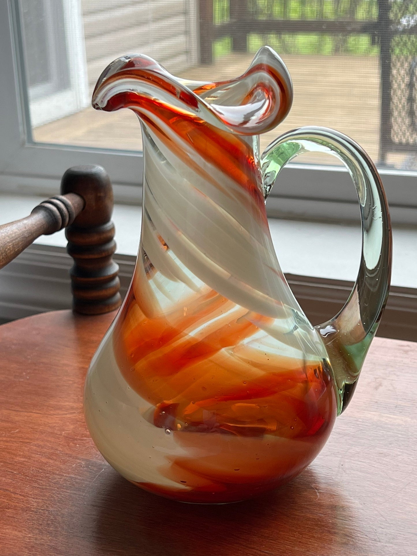 Vintage Amber Swirl Art Glass Pitcher with Artistic Handle Lover Antiques and Vintage