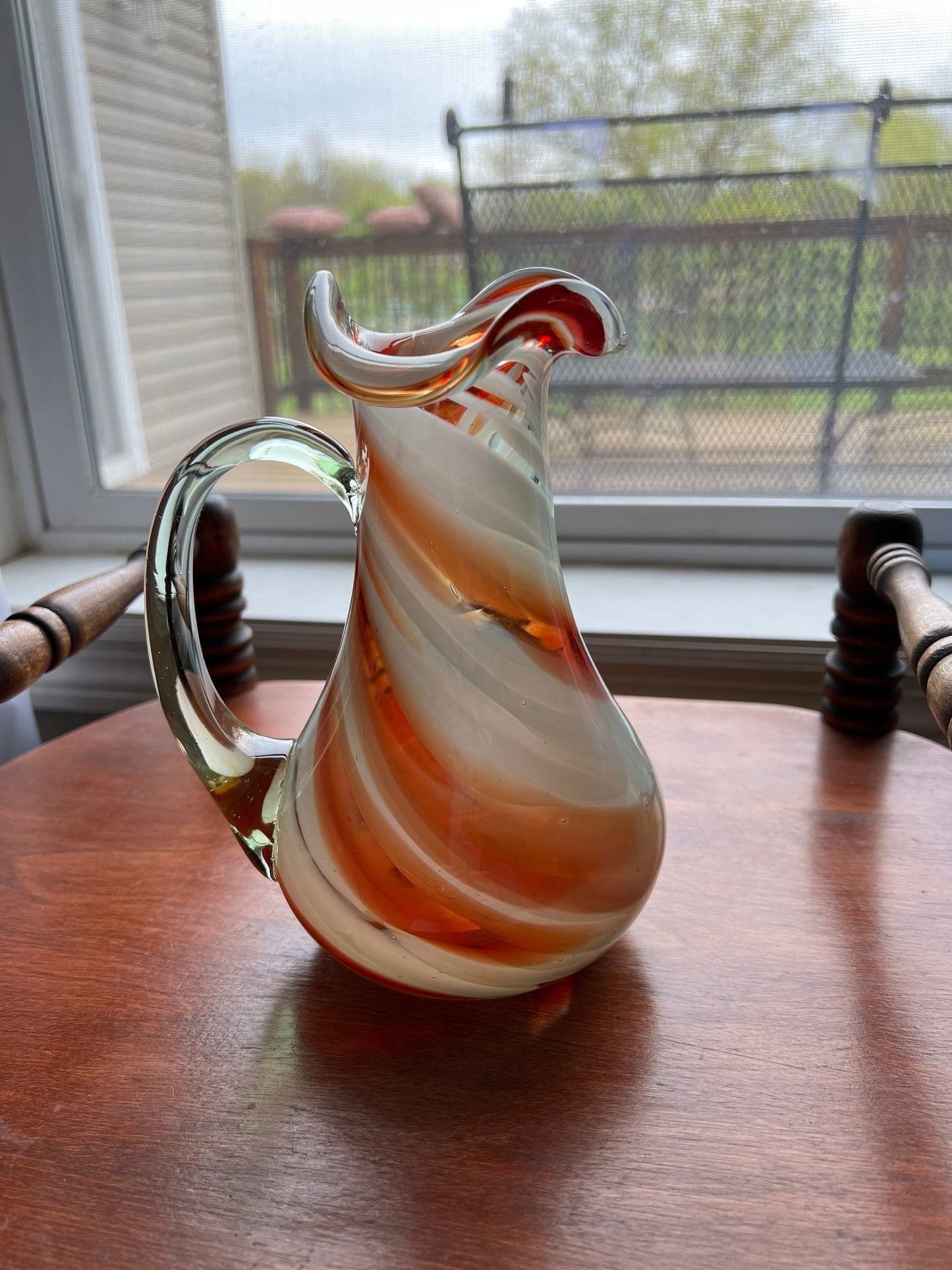 Vintage Amber Swirl Art Glass Pitcher with Artistic Handle Lover Antiques and Vintage