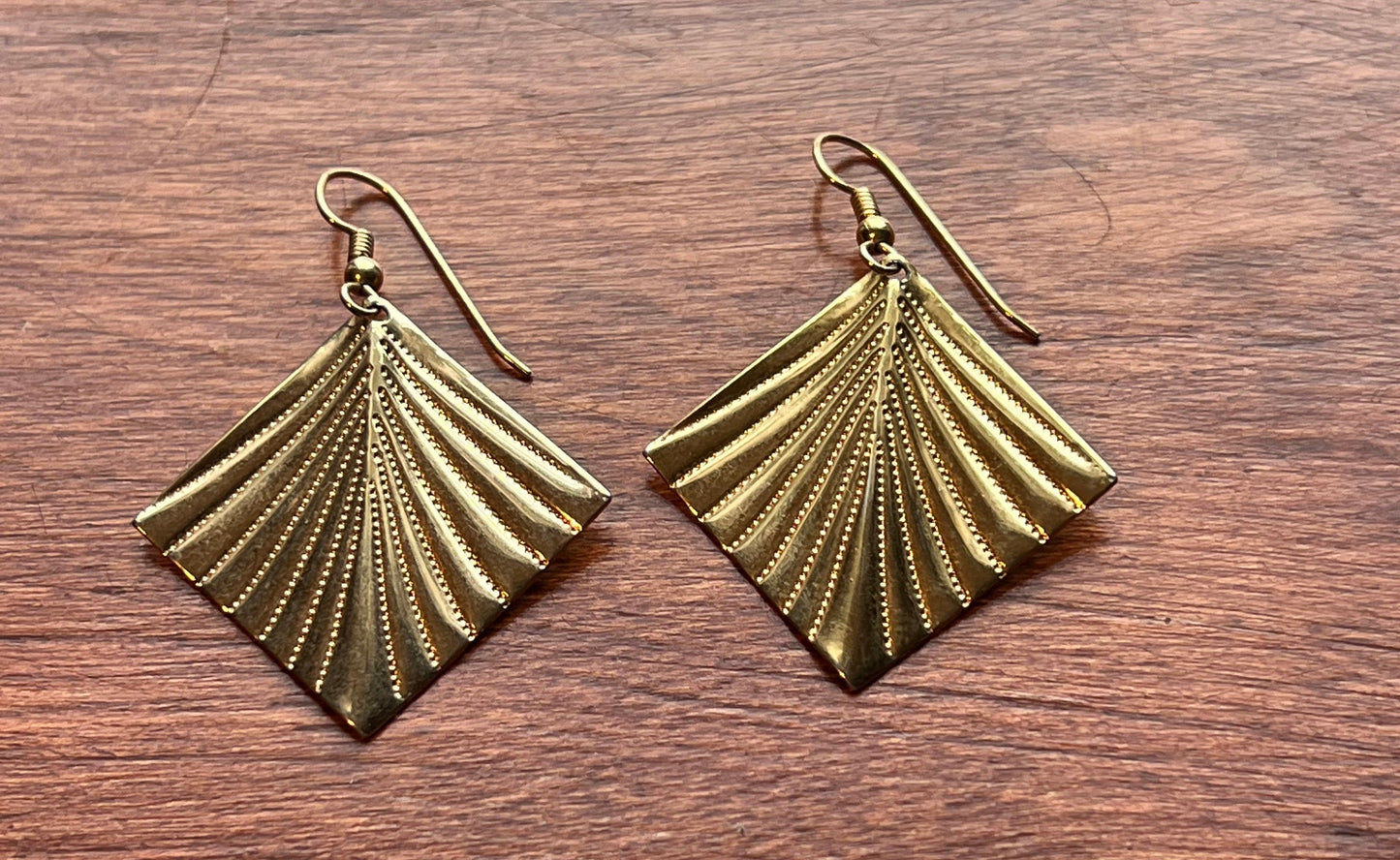Vintage Fan Art Deco Fan Dangle Gold Pierced Earrings Elegant Native Tribal Inspired Jewelry Lover Antiques and Vintage