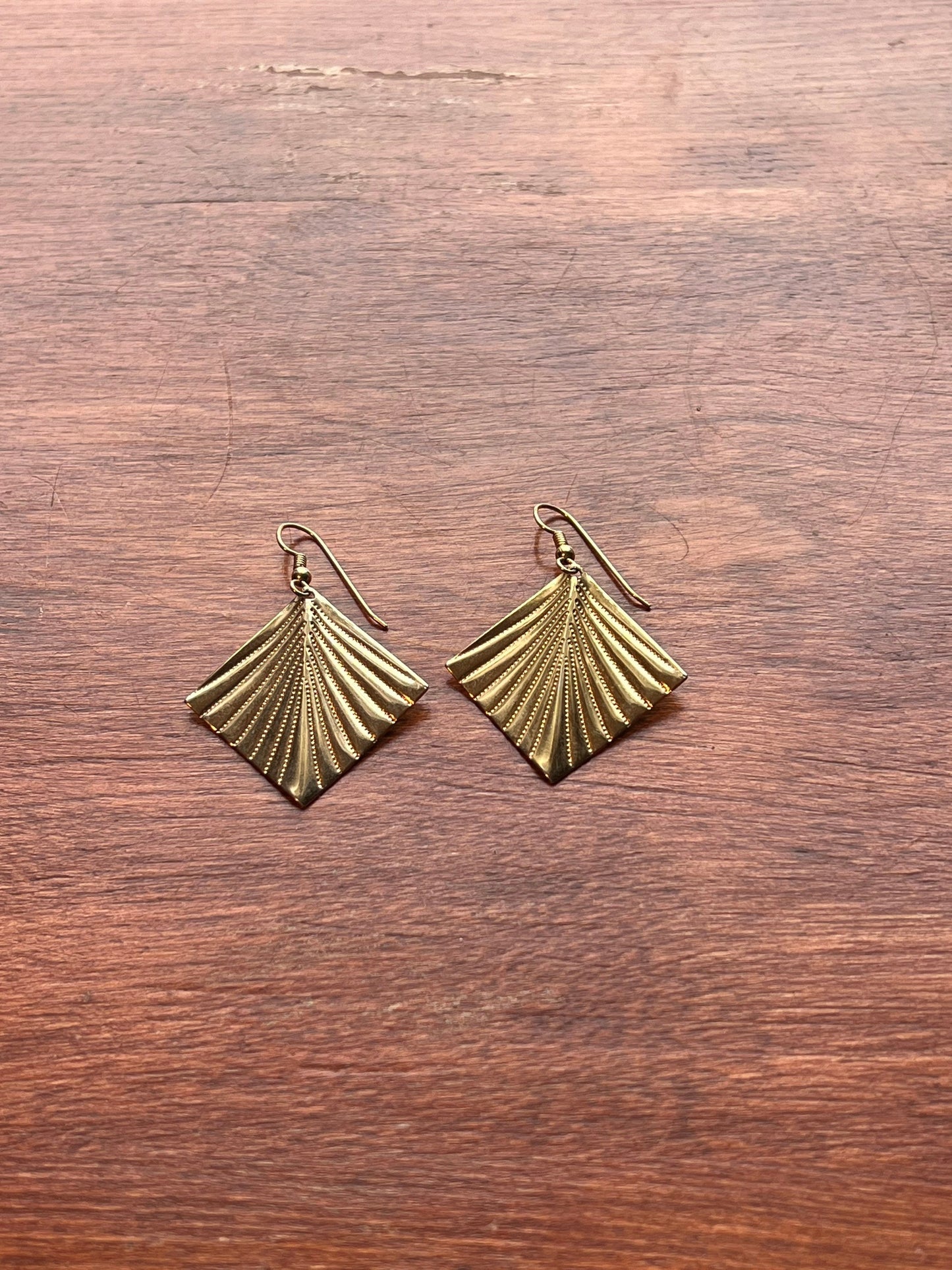 Vintage Fan Art Deco Fan Dangle Gold Pierced Earrings Elegant Native Tribal Inspired Jewelry Lover Antiques and Vintage