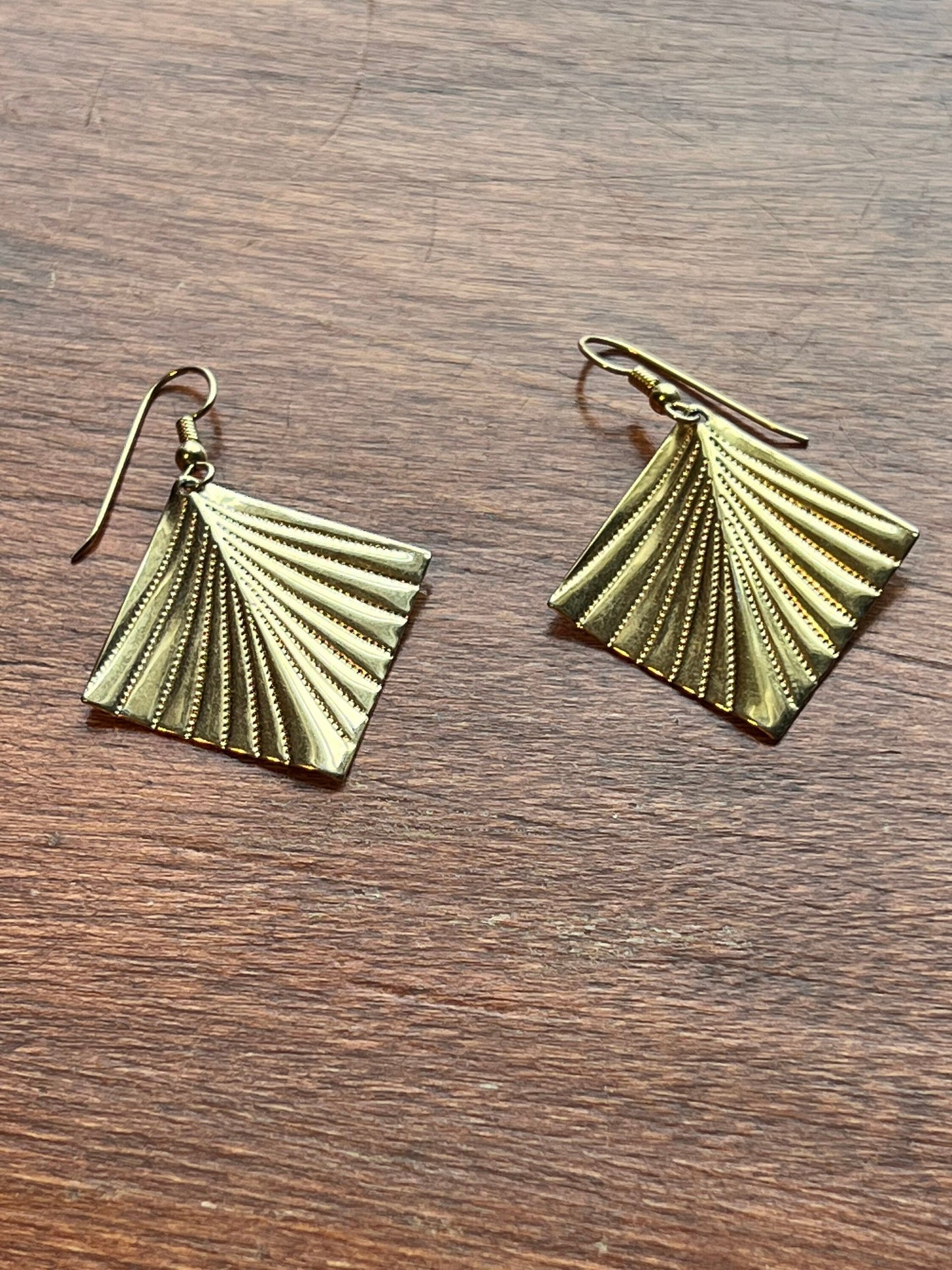 Vintage Fan Art Deco Fan Dangle Gold Pierced Earrings Elegant Native Tribal Inspired Jewelry Lover Antiques and Vintage