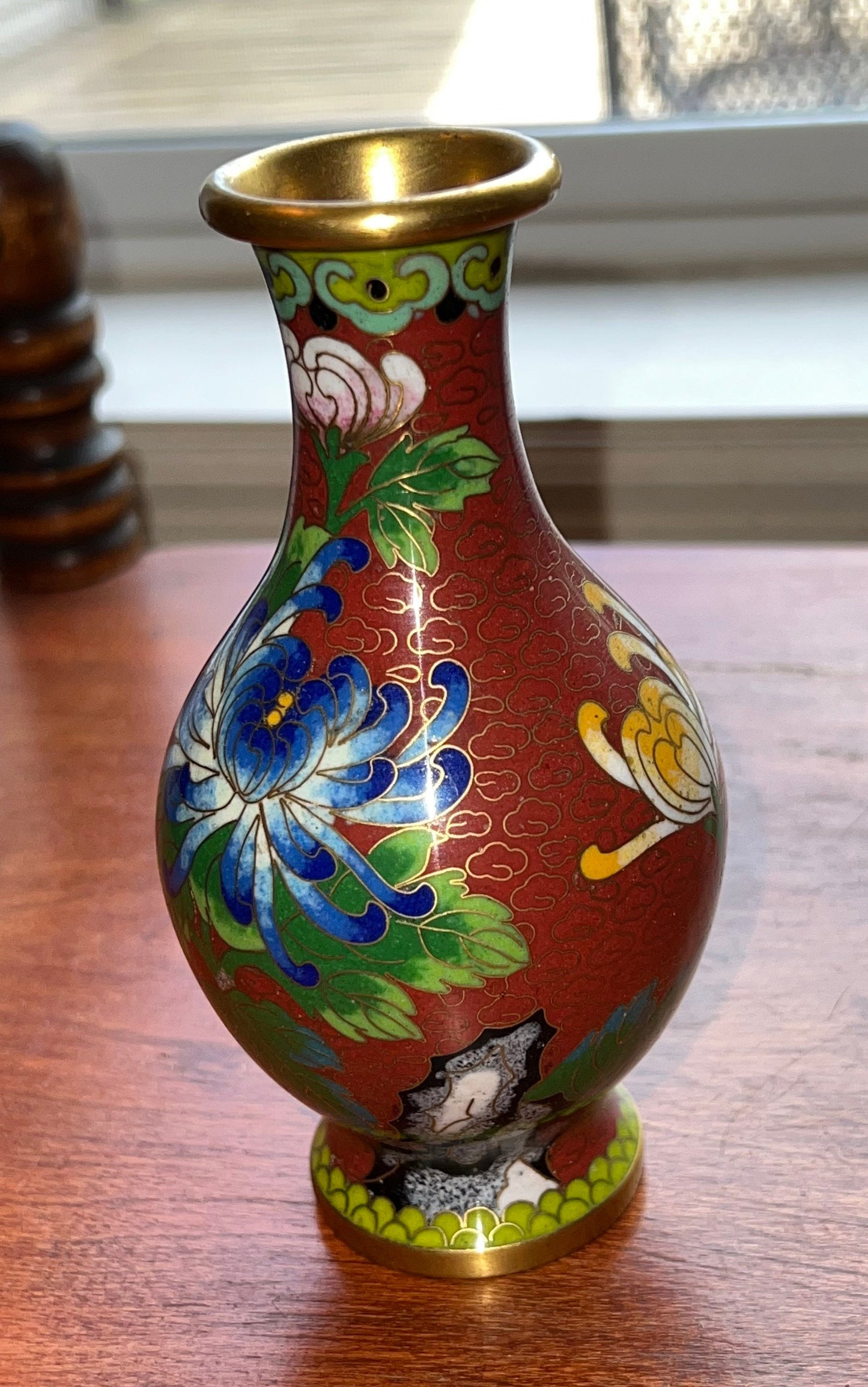 Vintage Cloisonné Vase brass and painted enamel 6” Red Green Blue Pink Flowers Lover Antiques and Vintage