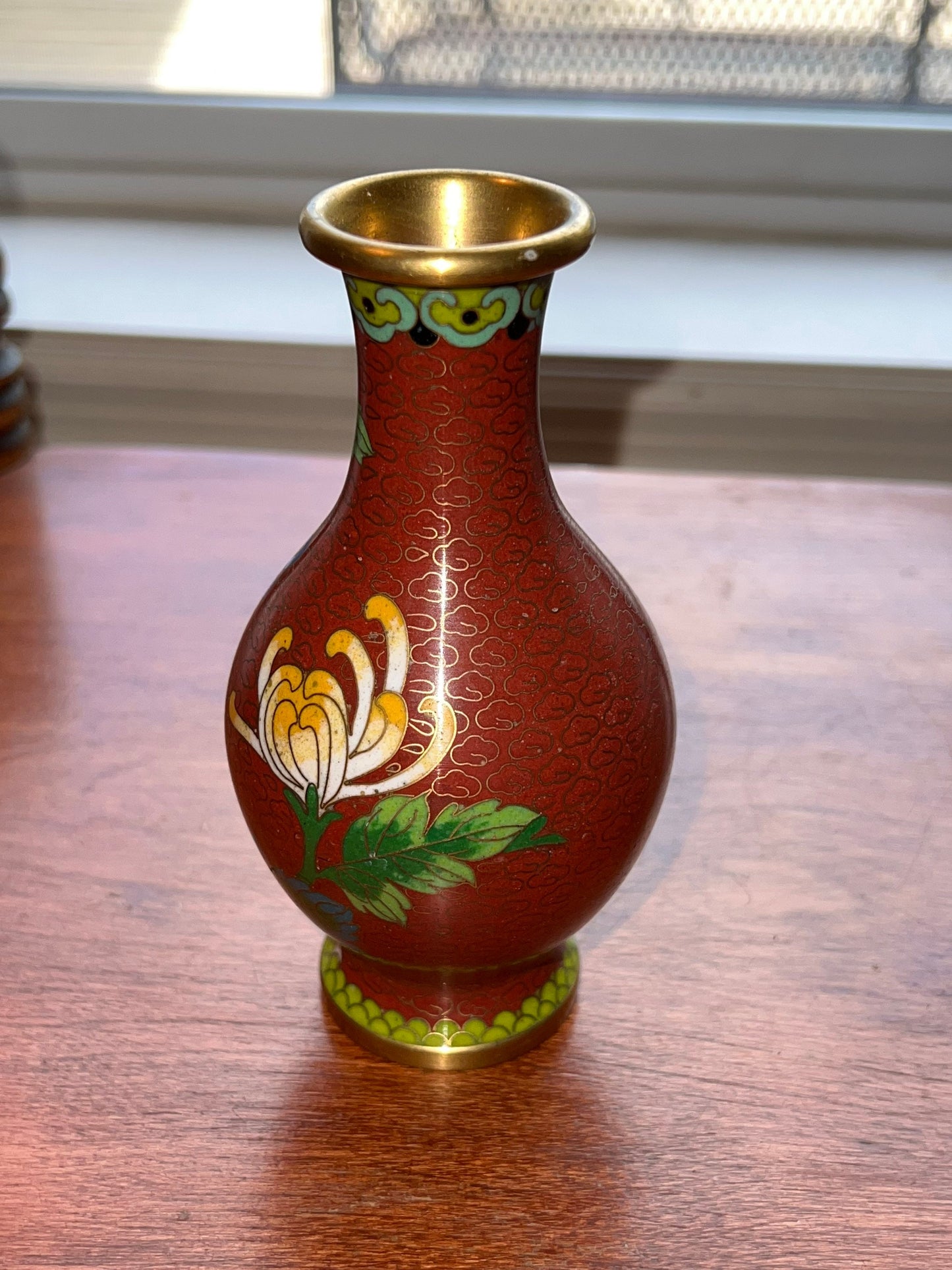 Vintage Cloisonné Vase brass and painted enamel 6” Red Green Blue Pink Flowers Lover Antiques and Vintage