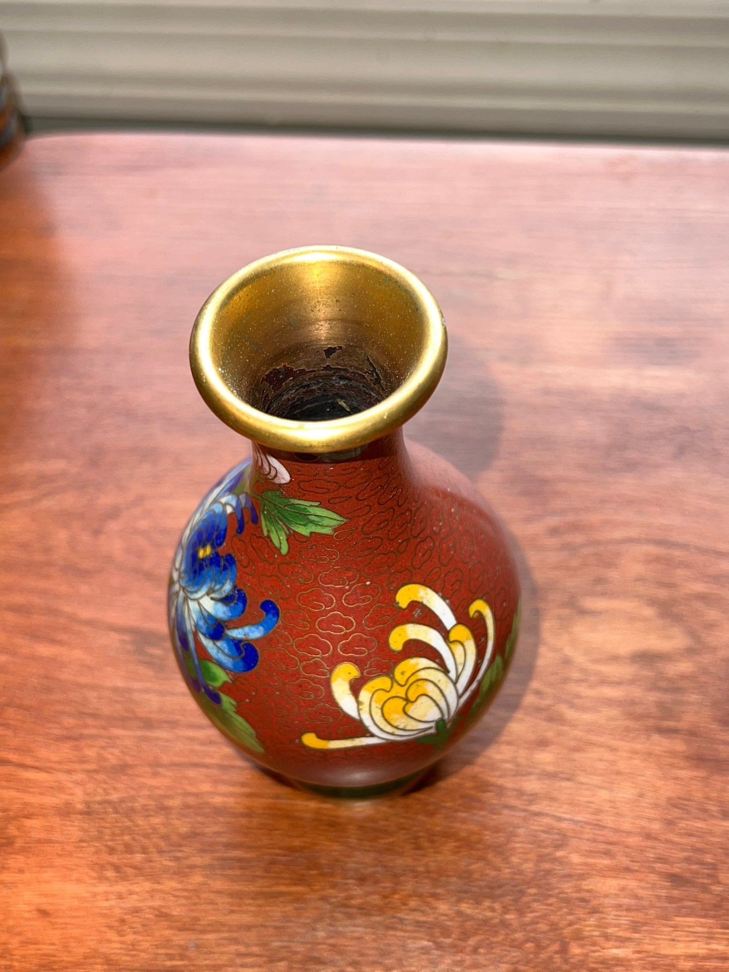 Vintage Cloisonné Vase brass and painted enamel 6” Red Green Blue Pink Flowers Lover Antiques and Vintage