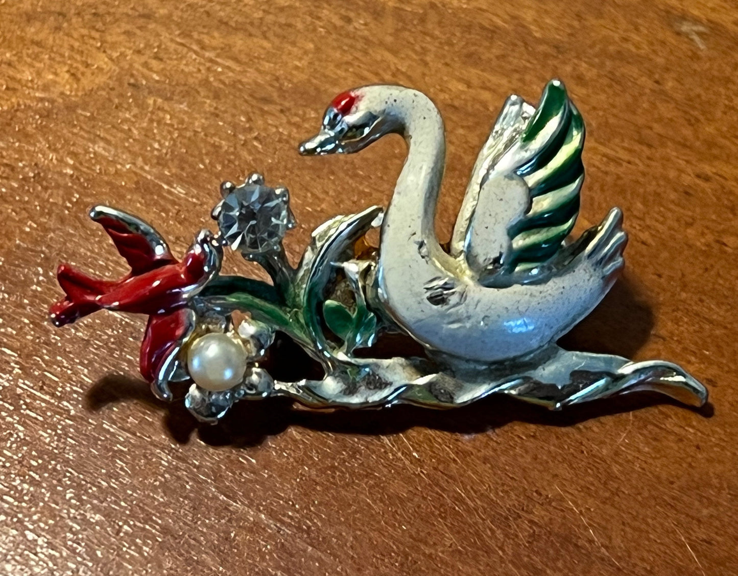 Vintage Silver Swan and Red Bird enamel pin brooch brooches pins estate jewelry Lover Antiques and Vintage