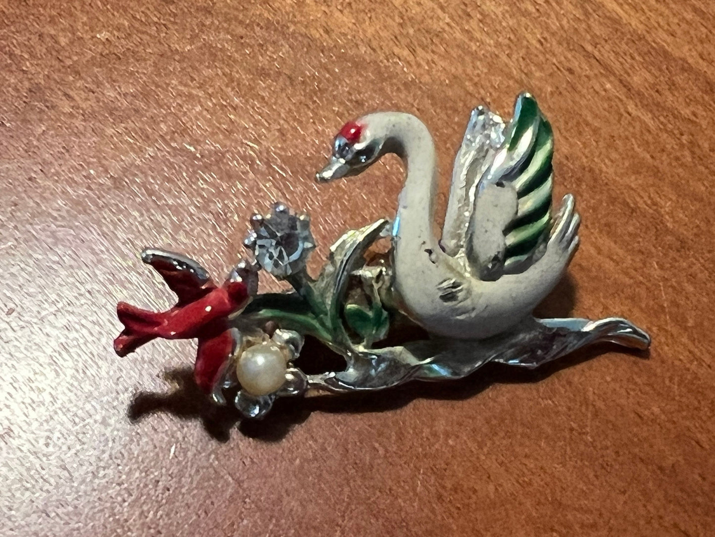 Vintage Silver Swan and Red Bird enamel pin brooch brooches pins estate jewelry Lover Antiques and Vintage