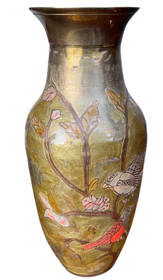 Antique chinese bronze vase hand painted and engraved with colorful birds on blooming tree