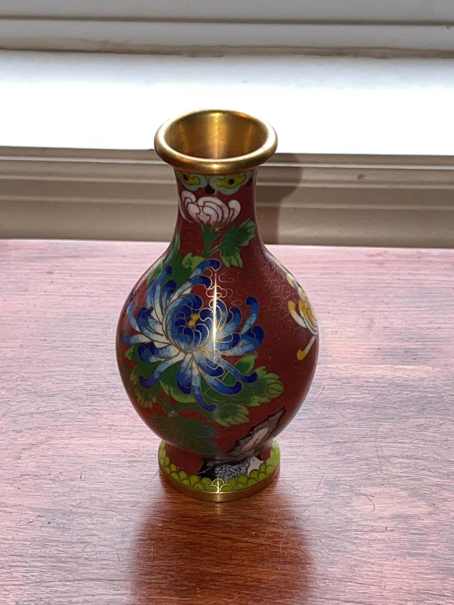Vintage Cloisonné Vase brass and painted enamel 6” Red Green Blue Pink Flowers Lover Antiques and Vintage