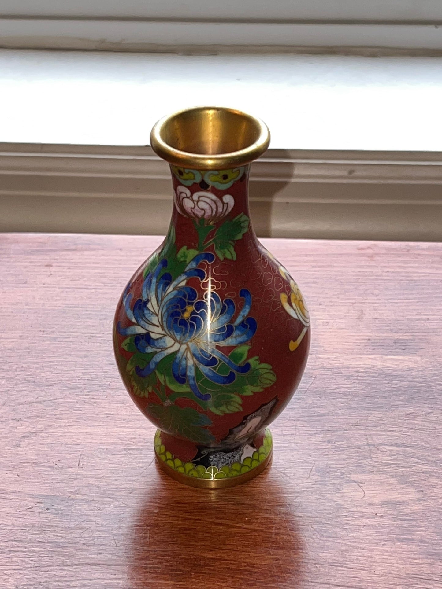 Vintage Cloisonné Vase brass and painted enamel 6” Red Green Blue Pink Flowers Lover Antiques and Vintage