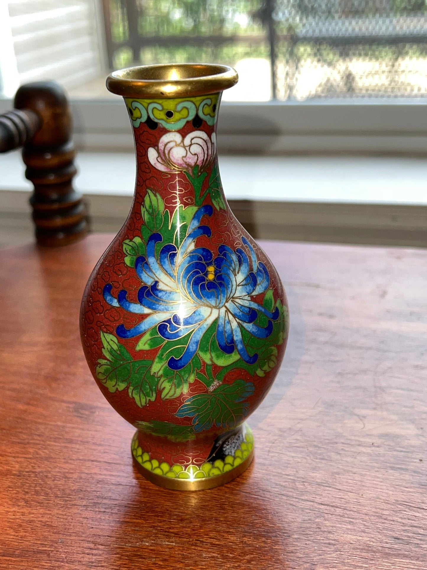 Vintage Cloisonné Vase brass and painted enamel 6” Red Green Blue Pink Flowers Lover Antiques and Vintage