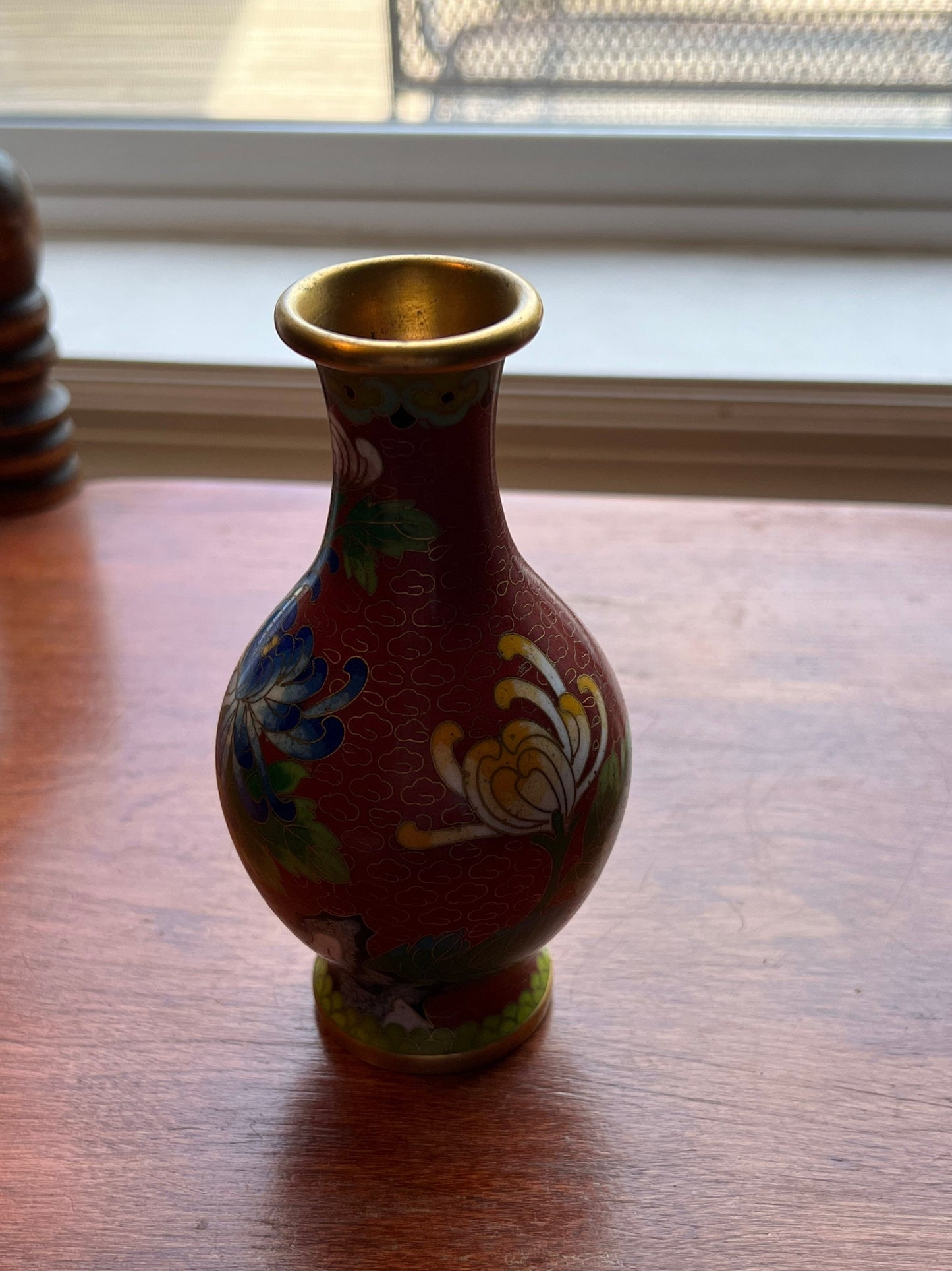 Vintage Cloisonné Vase brass and painted enamel 6” Red Green Blue Pink Flowers Lover Antiques and Vintage