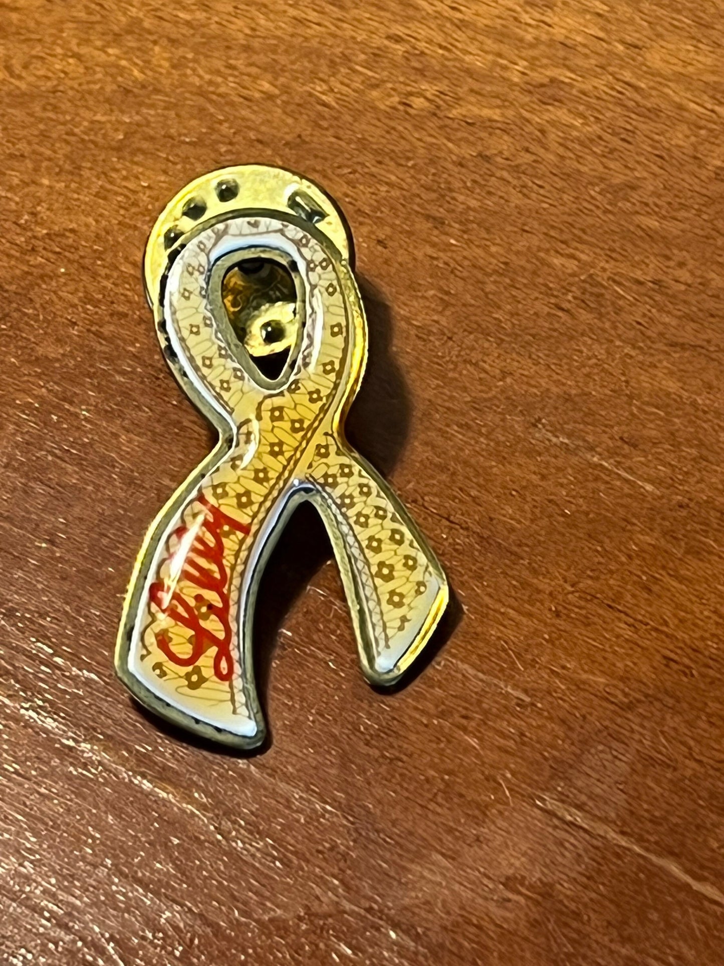 Vintage Awareness Ribbon with Name Lilly imprinted in enamel brooch pin brooches pins Lover Antiques and Vintage