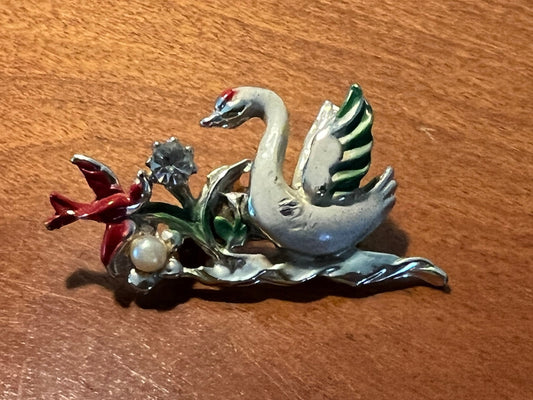 Vintage Silver Swan and Red Bird enamel pin brooch brooches pins estate jewelry Lover Antiques and Vintage