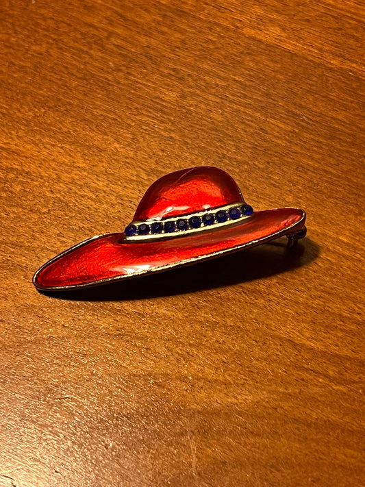 Vintage Red Hat Enamel brooch pin jewelry Mid Century Modern 18k gold plating  Art Deco Carmen Santiago