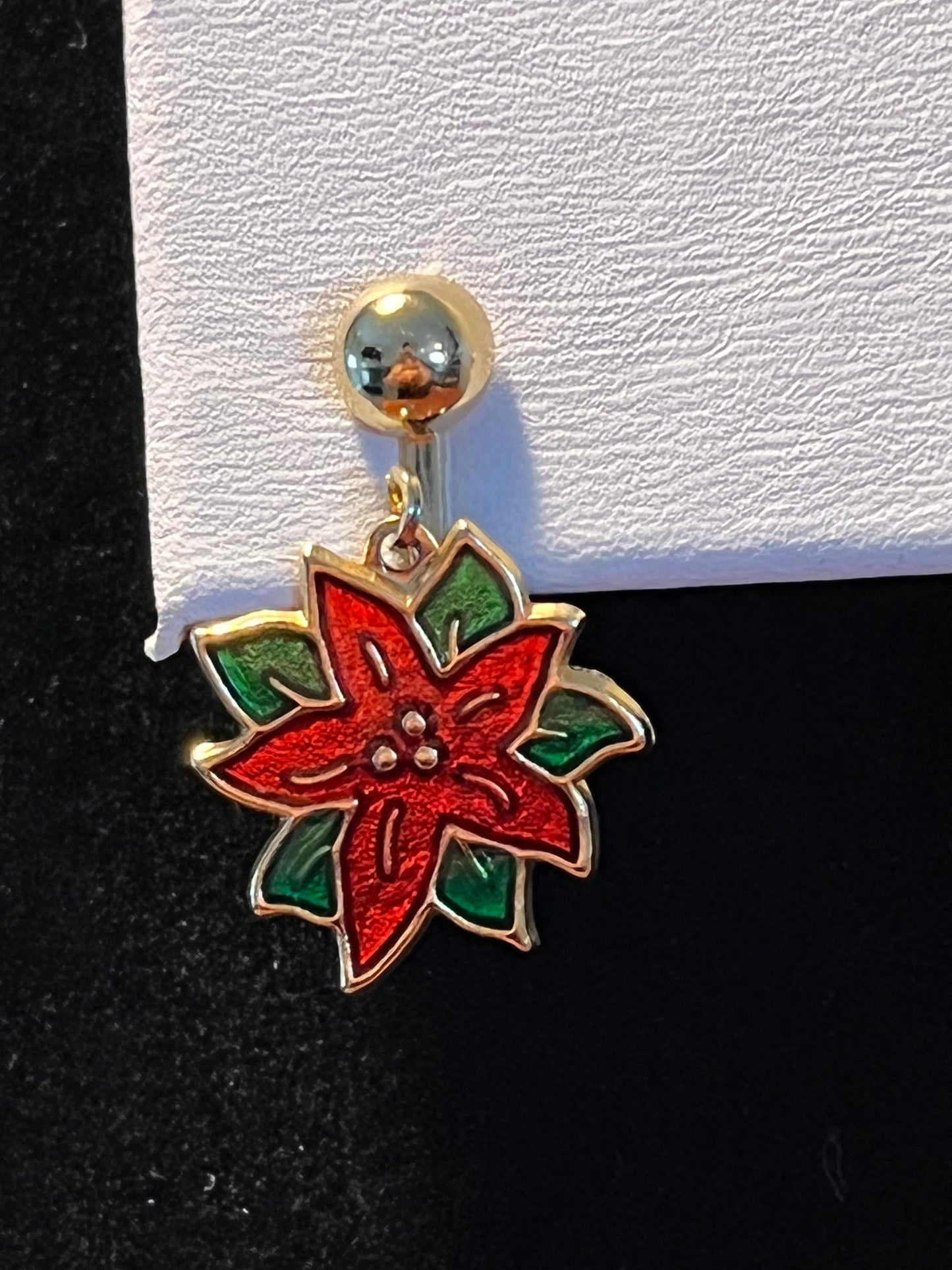 Vintage Poinsettia Enamel Red drop down clip on Earrings gold tone holidays Christmas flower earring jewelry