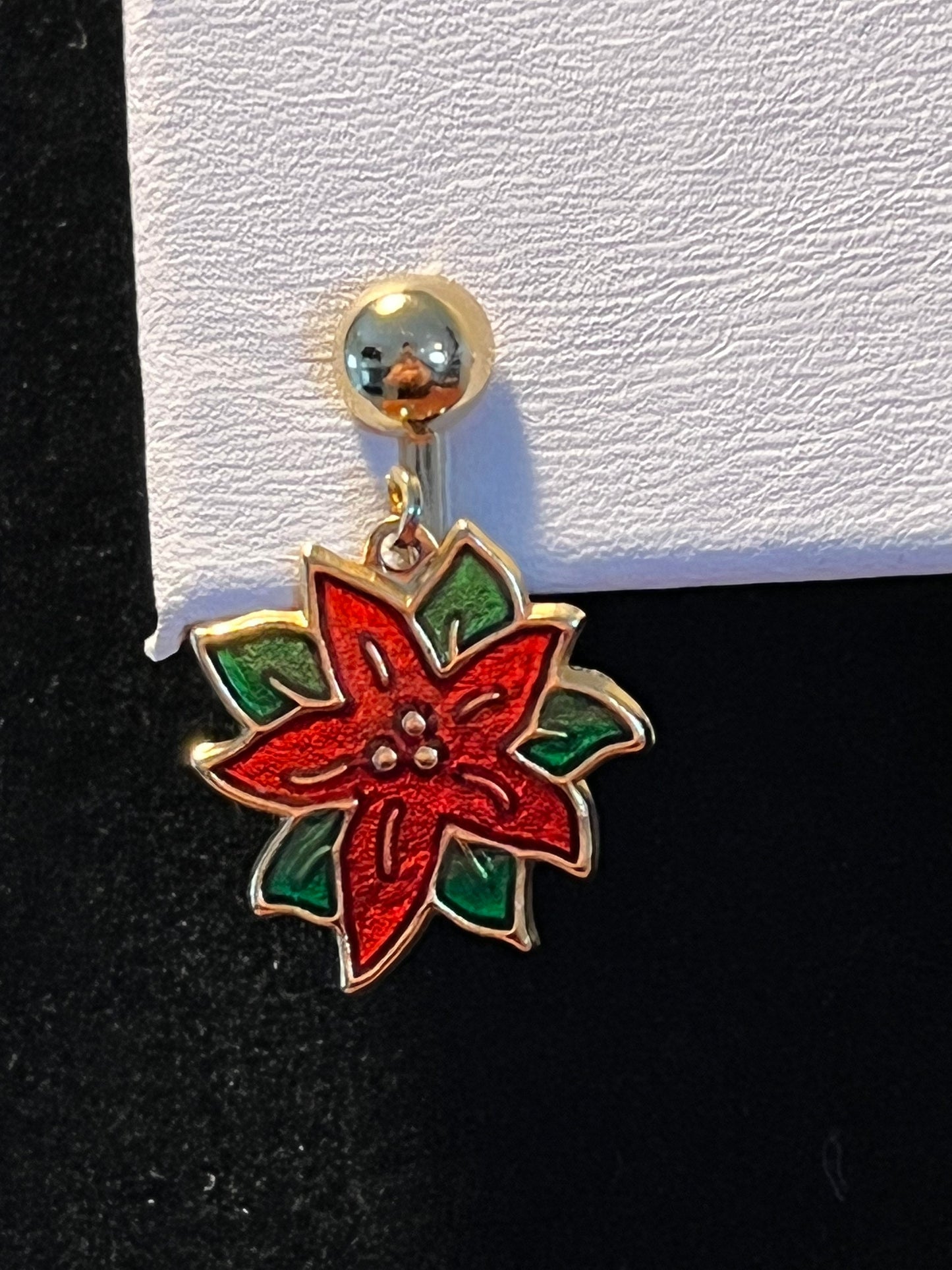Vintage Poinsettia Enamel Red drop down clip on Earrings gold tone holidays Christmas flower earring jewelry