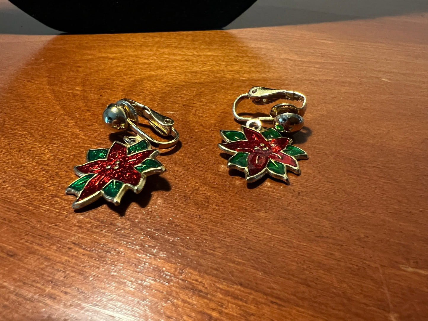 Vintage Poinsettia Enamel Red drop down clip on Earrings gold tone holidays Christmas flower earring jewelry