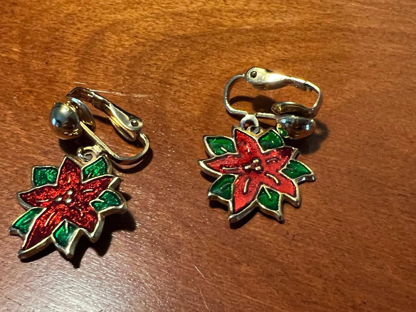 Vintage Poinsettia Enamel Red drop down clip on Earrings gold tone holidays Christmas flower earring jewelry