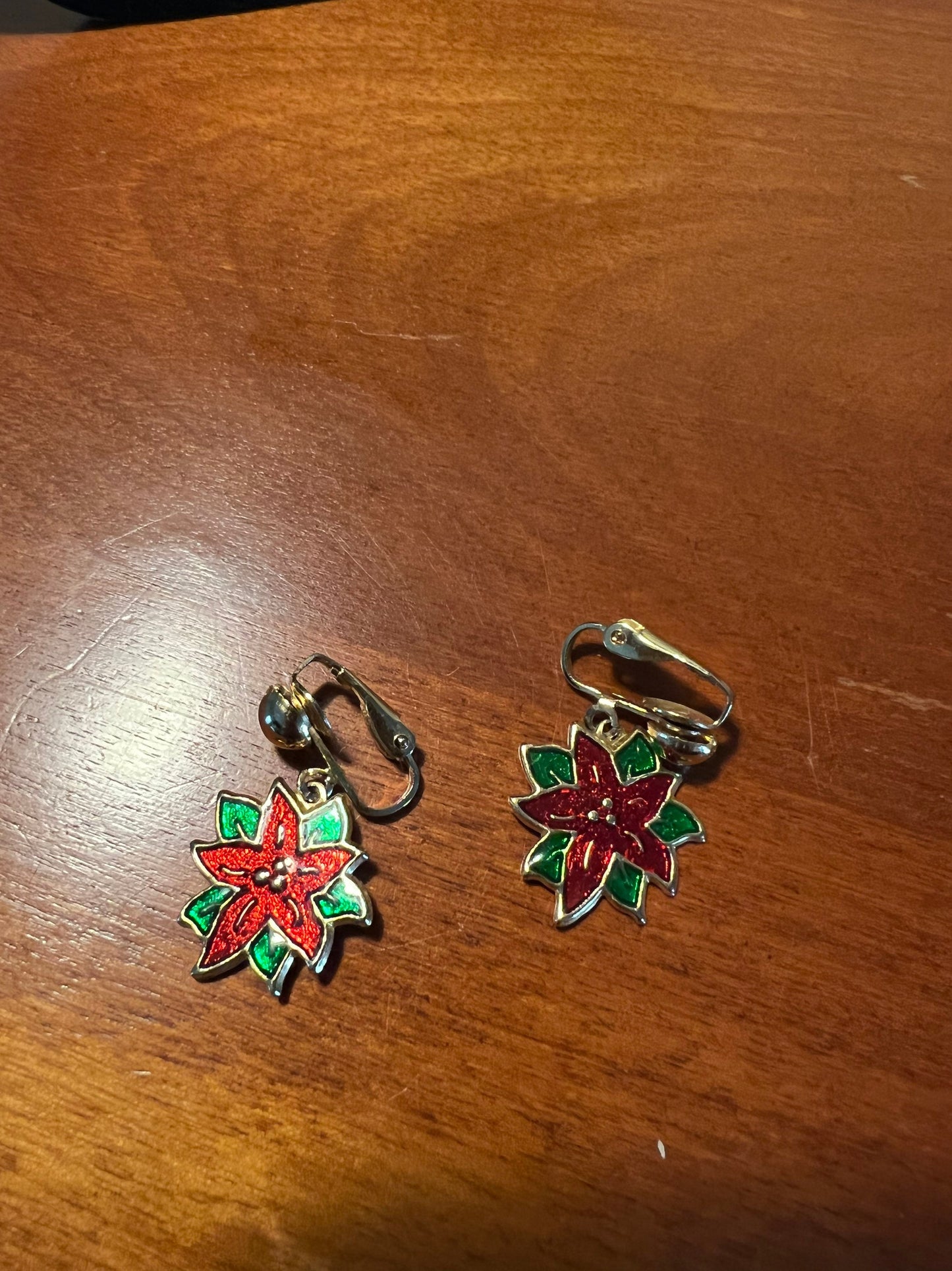 Vintage Poinsettia Enamel Red drop down clip on Earrings gold tone holidays Christmas flower earring jewelry