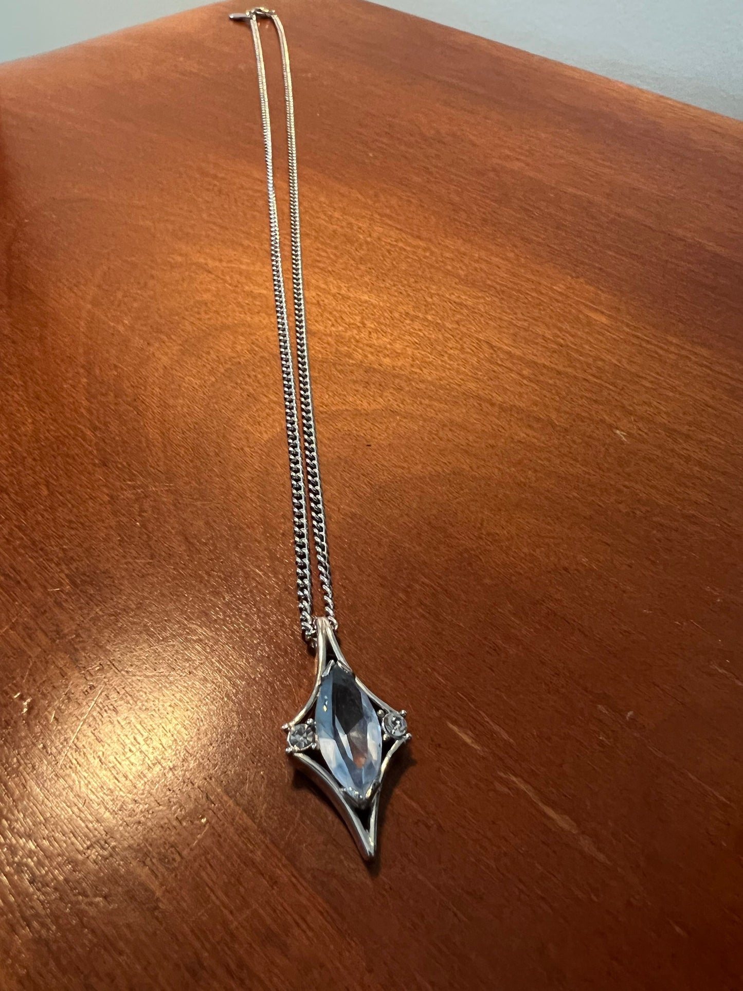 Vintage Pendant Necklace 11” long jewelry in silver tone diamond shaped
