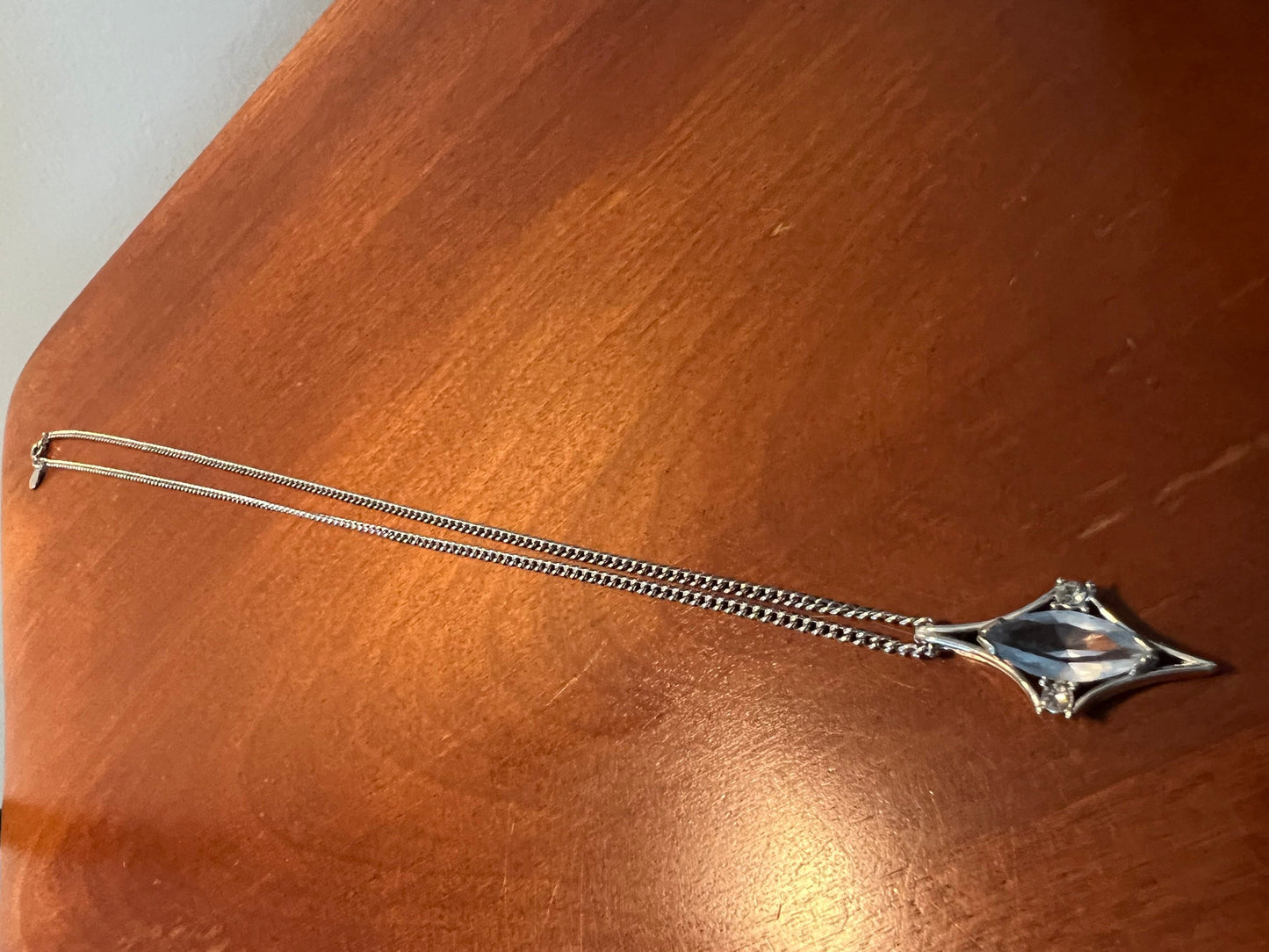 Vintage Pendant Necklace 11” long jewelry in silver tone diamond shaped