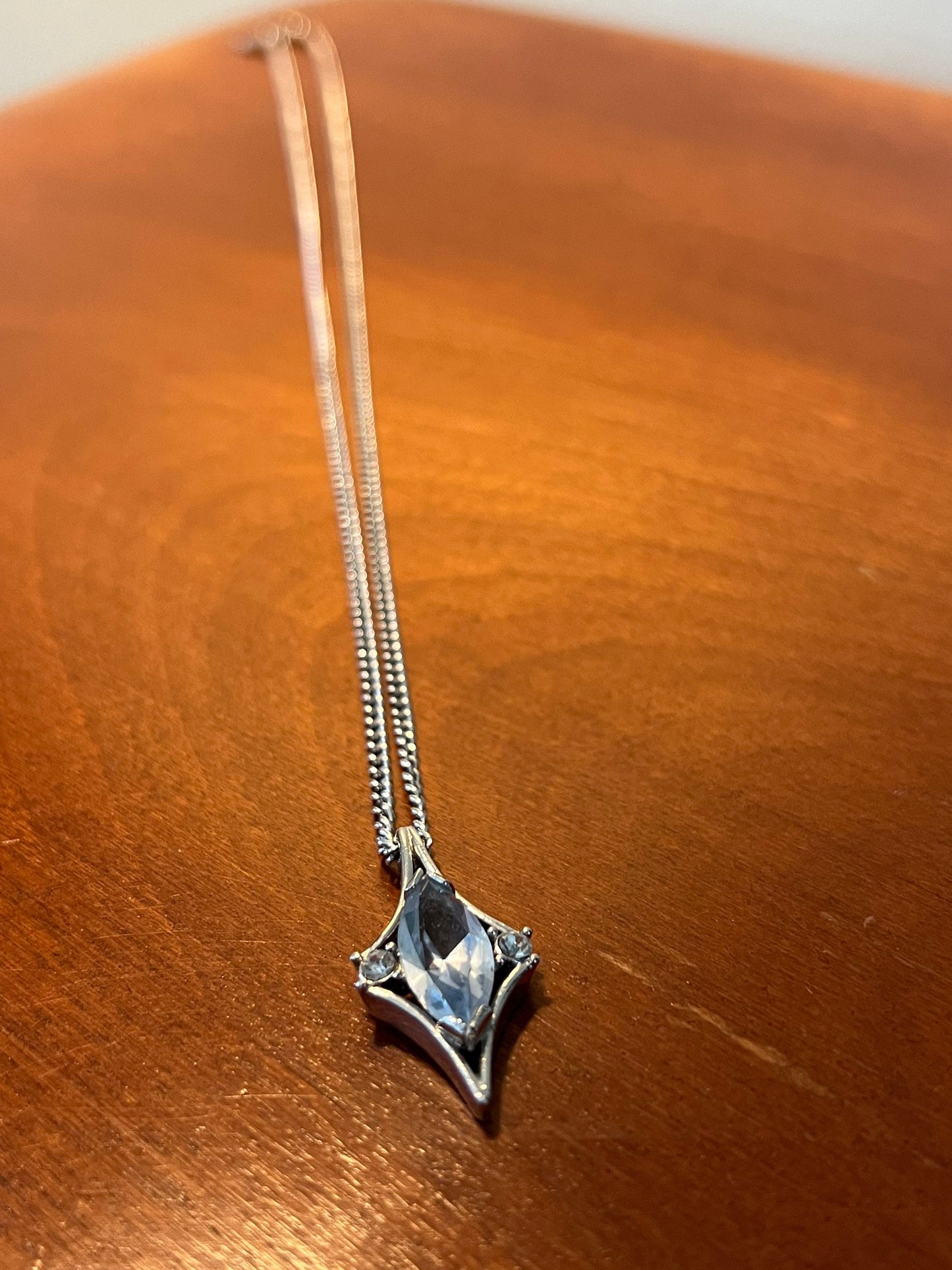Vintage Pendant Necklace 11” long jewelry in silver tone diamond shaped