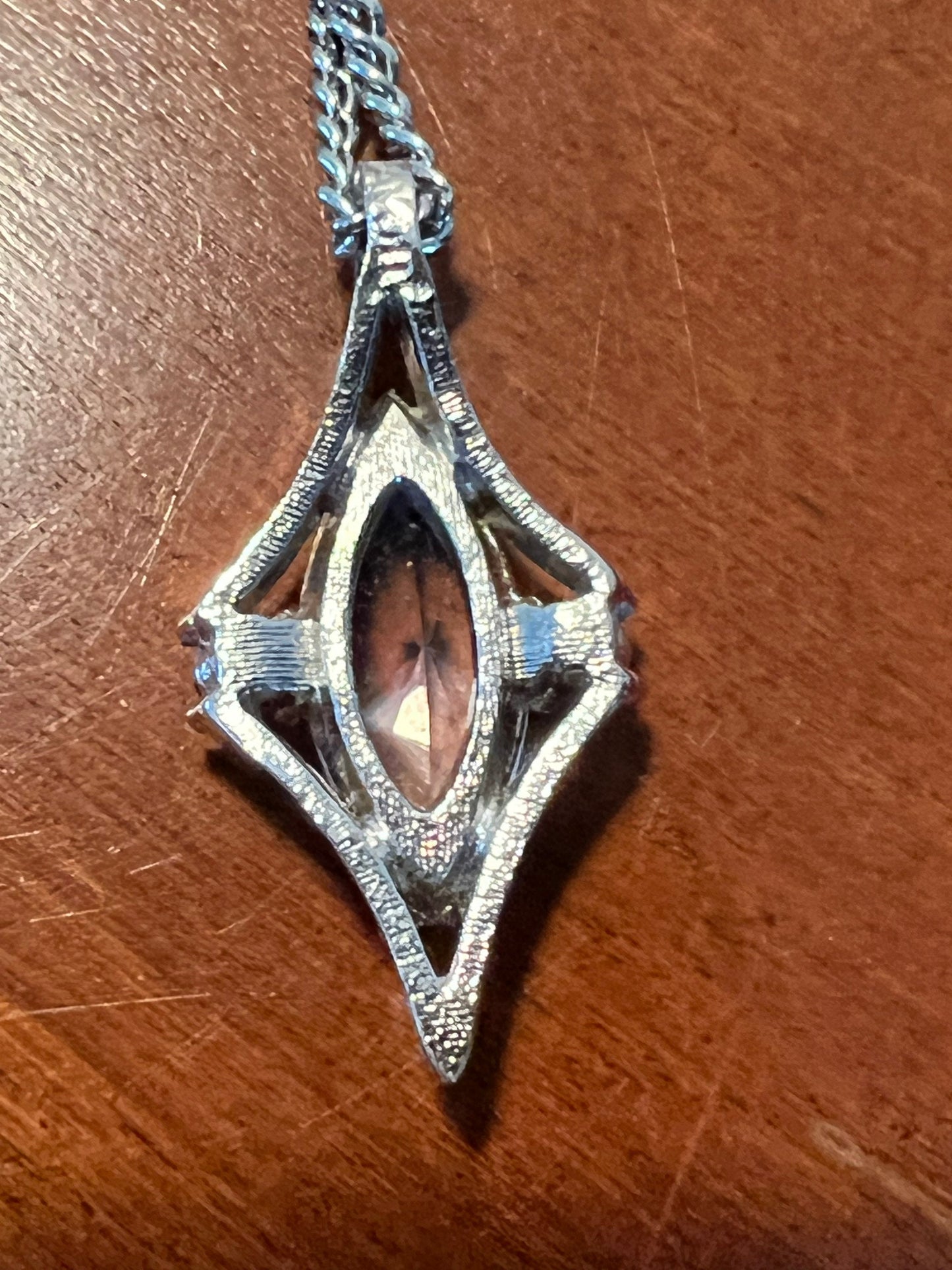 Vintage Pendant Necklace 11” long jewelry in silver tone diamond shaped