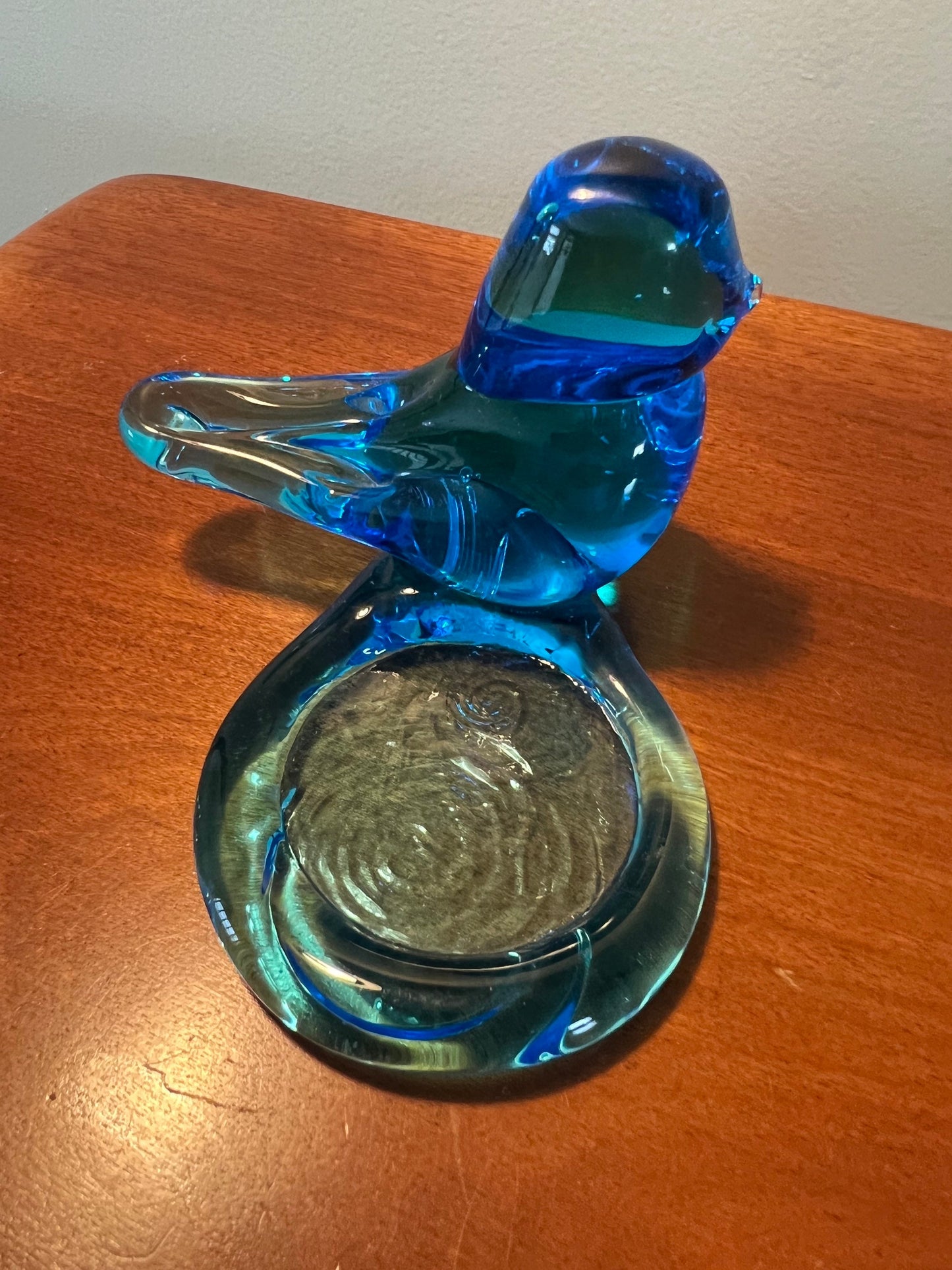Vintage Bluebird of Happiness with bird bath signed Ron Ray 1995 Blue Art Glass hand blown collectibles