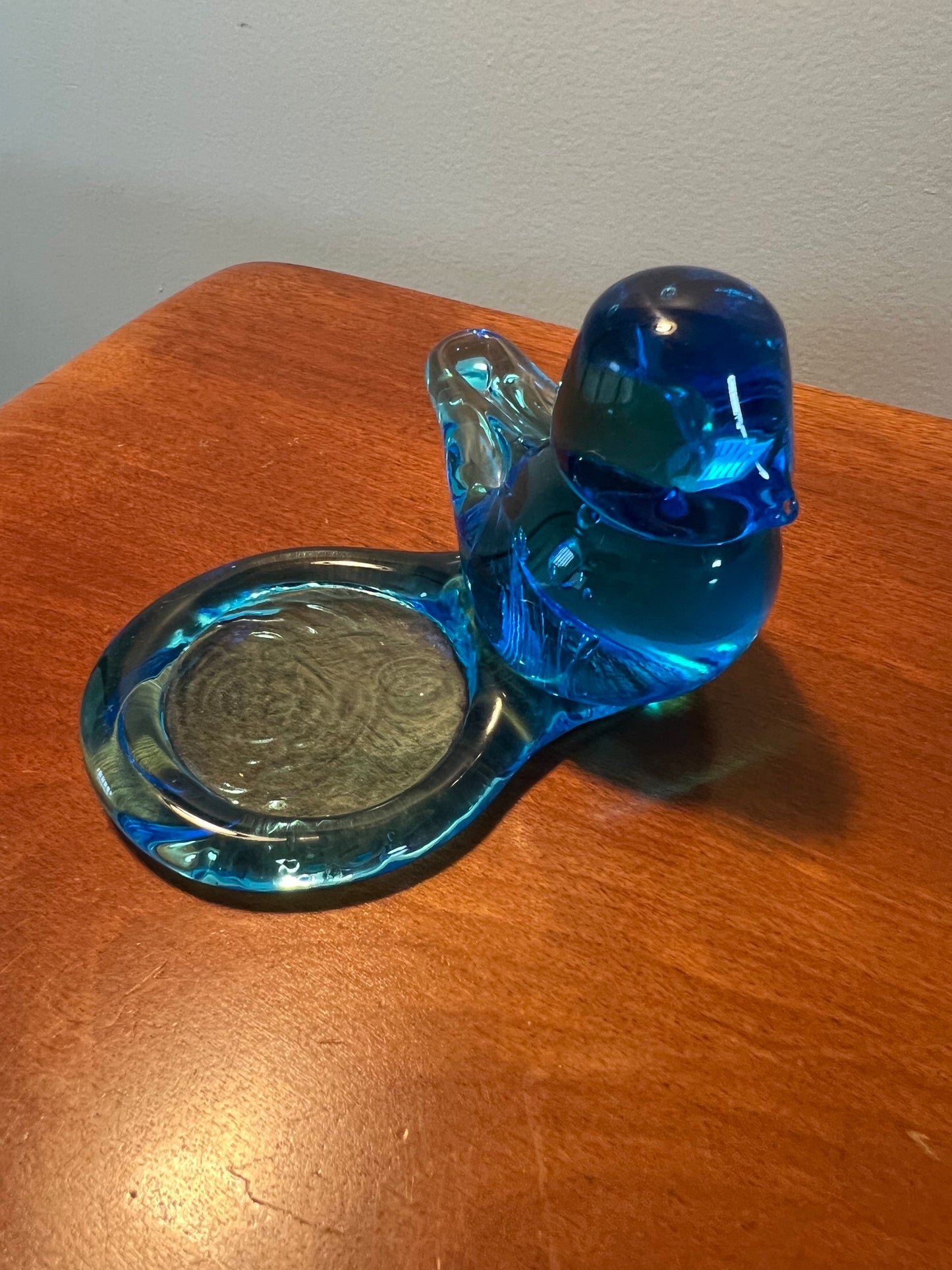 Vintage Bluebird of Happiness with bird bath signed Ron Ray 1995 Blue Art Glass hand blown collectibles