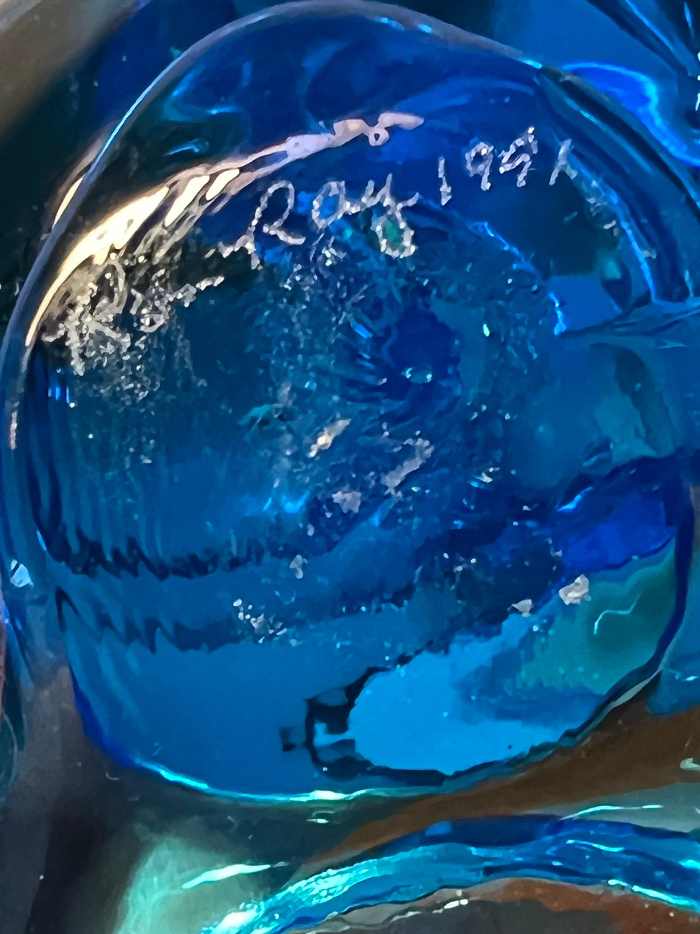 Vintage Bluebird of Happiness with bird bath signed Ron Ray 1995 Blue Art Glass hand blown collectibles