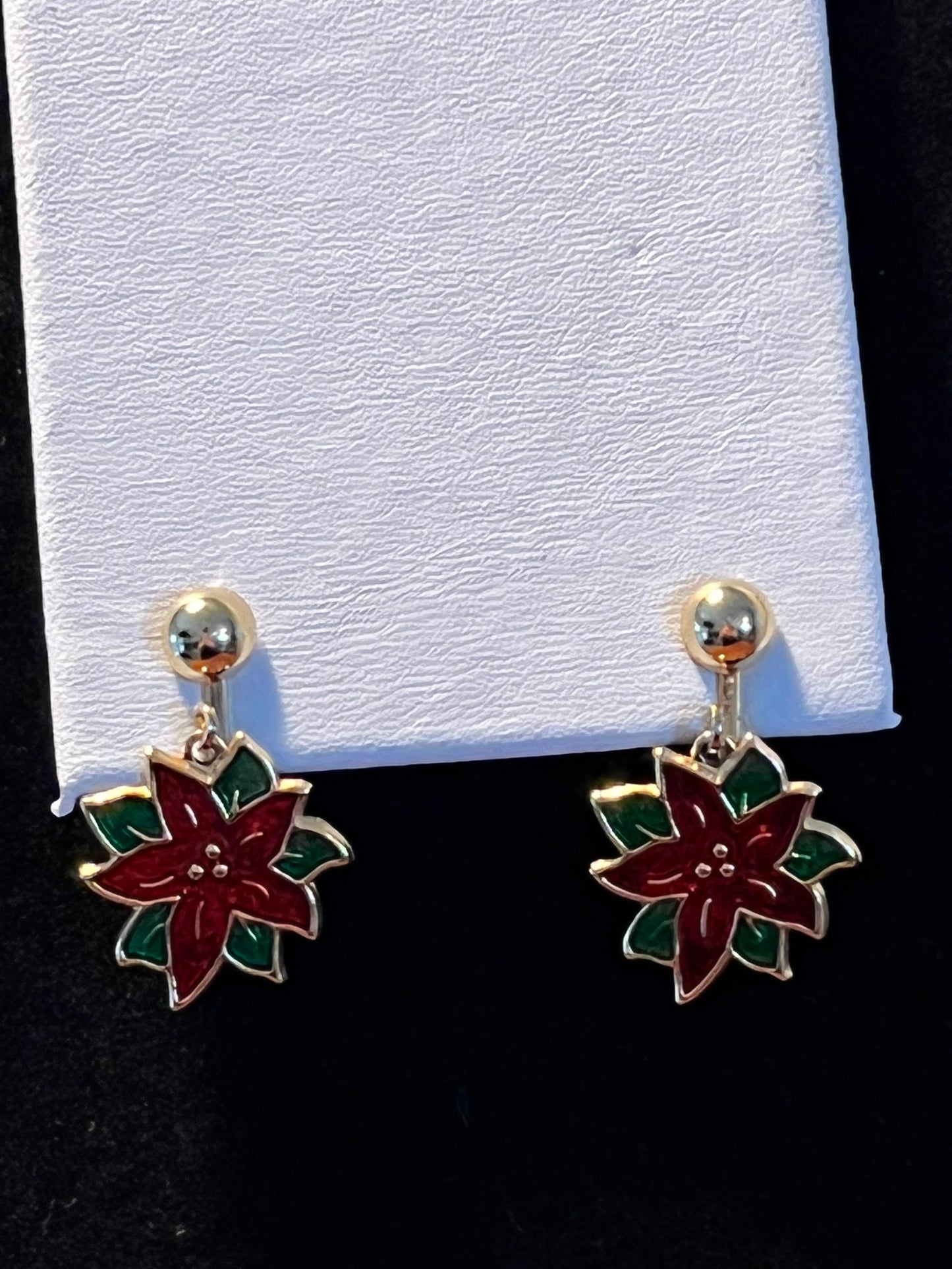 Vintage Poinsettia Enamel Red drop down clip on Earrings gold tone holidays Christmas flower earring jewelry