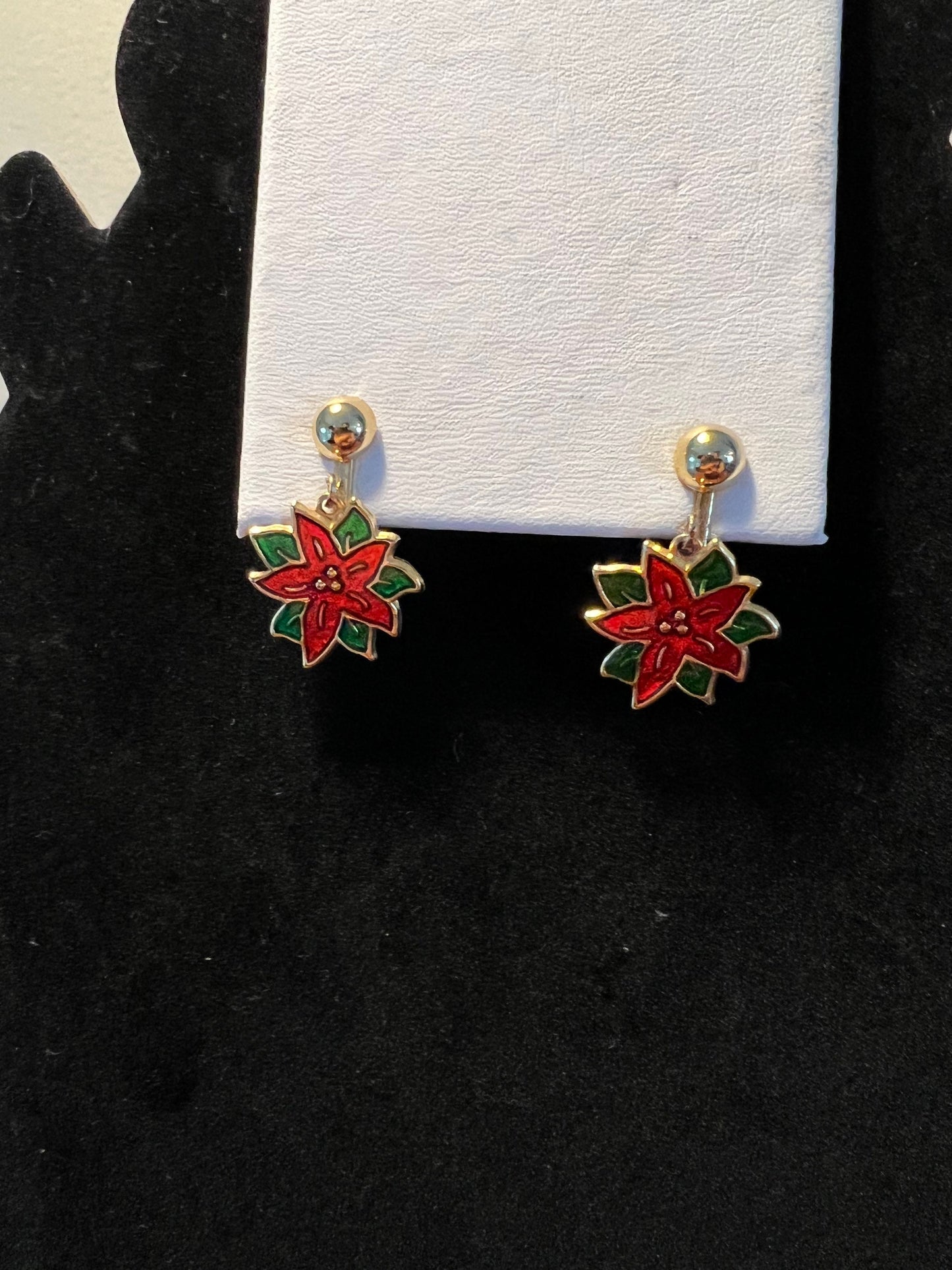Vintage Poinsettia Enamel Red drop down clip on Earrings gold tone holidays Christmas flower earring jewelry