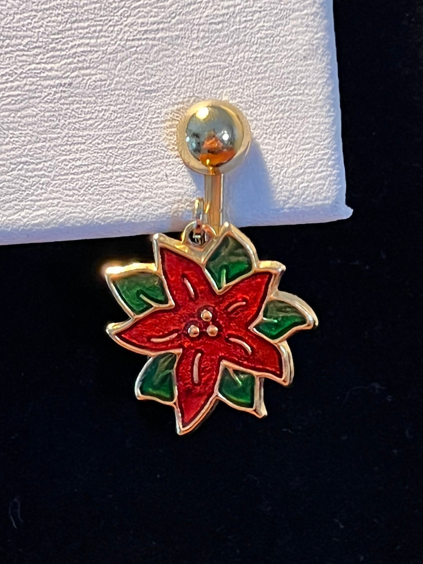 Vintage Poinsettia Enamel Red drop down clip on Earrings gold tone holidays Christmas flower earring jewelry