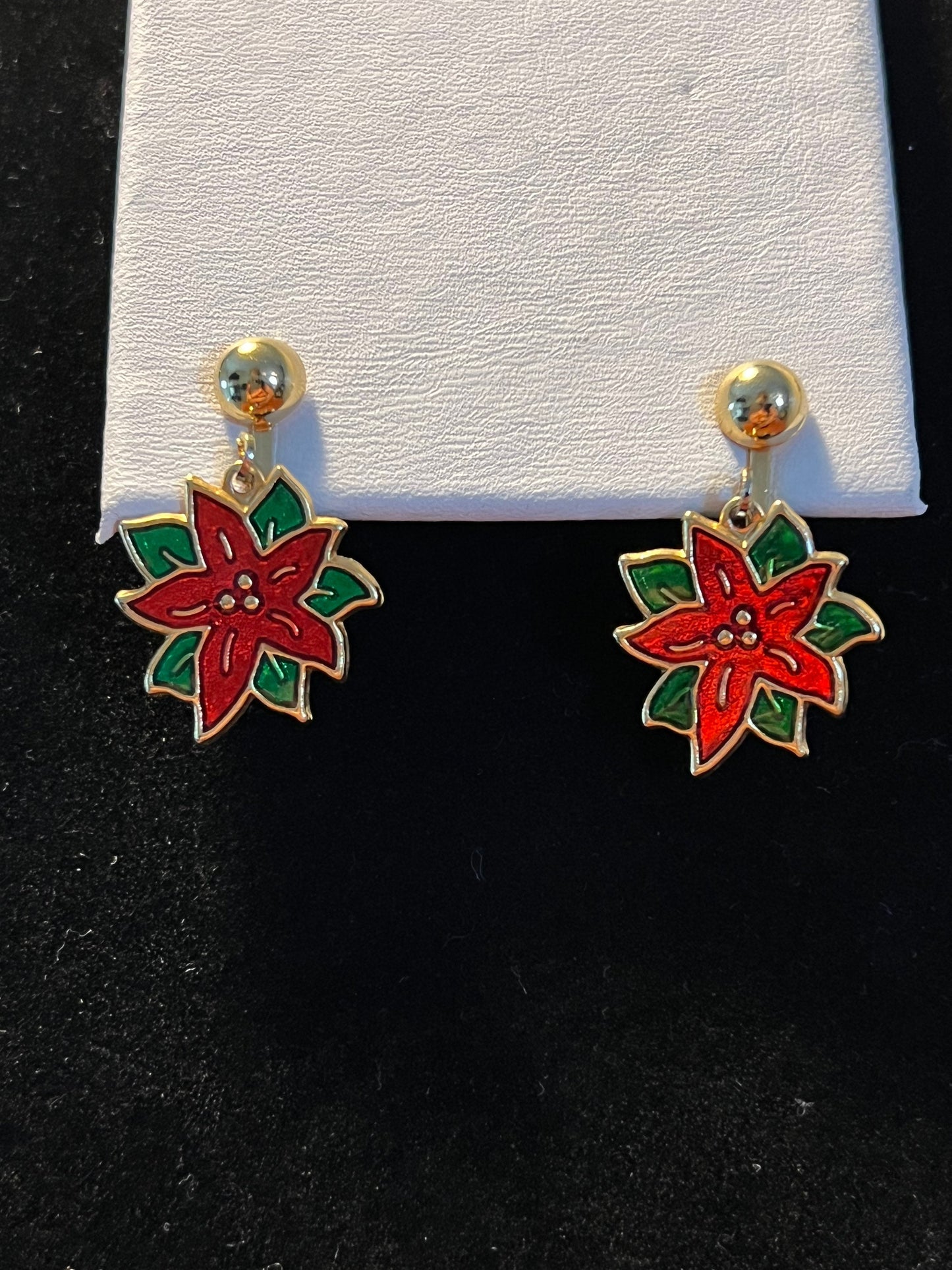 Vintage Poinsettia Enamel Red drop down clip on Earrings gold tone holidays Christmas flower earring jewelry